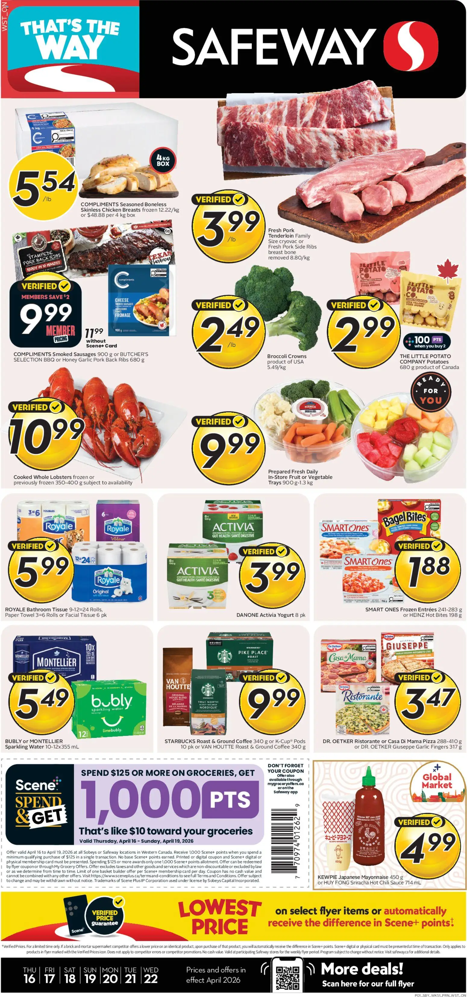 Preview of leaflet Safeway weekly flyer / circulaire from shop Safeway is valid from Apr 16, 2026 - Pizza, Chicken, Water, Honey, Yogurt, Pork tenderloin, Basket, Ground coffee