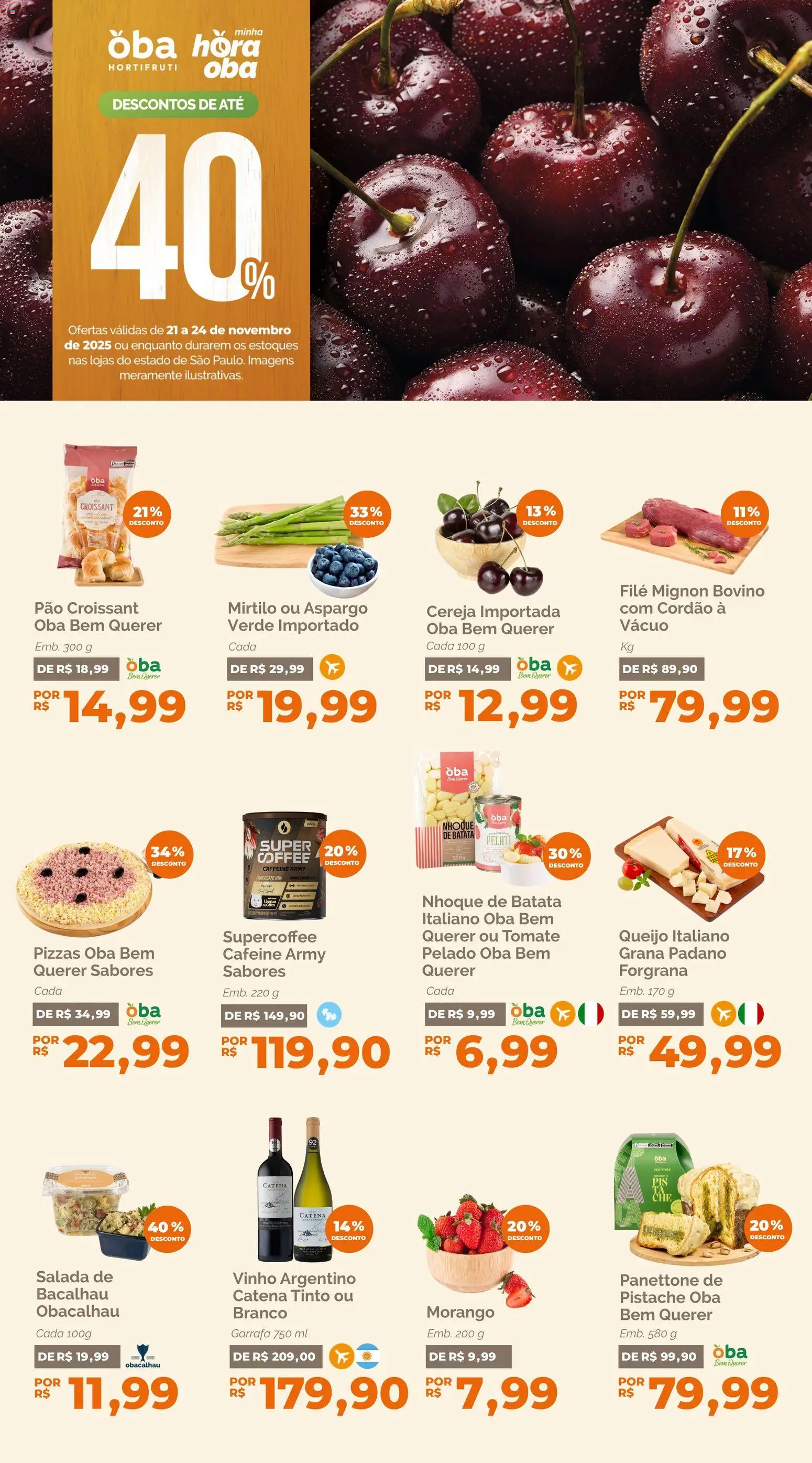 Pré-Visualização do folheto "Ofertas da semana" da loja Oba Hortifruti válido a partir de 21/11/2025 - Chocolate, Pistache, Vinho, Pão, Nhoque, Tomate, Cereja, Salada