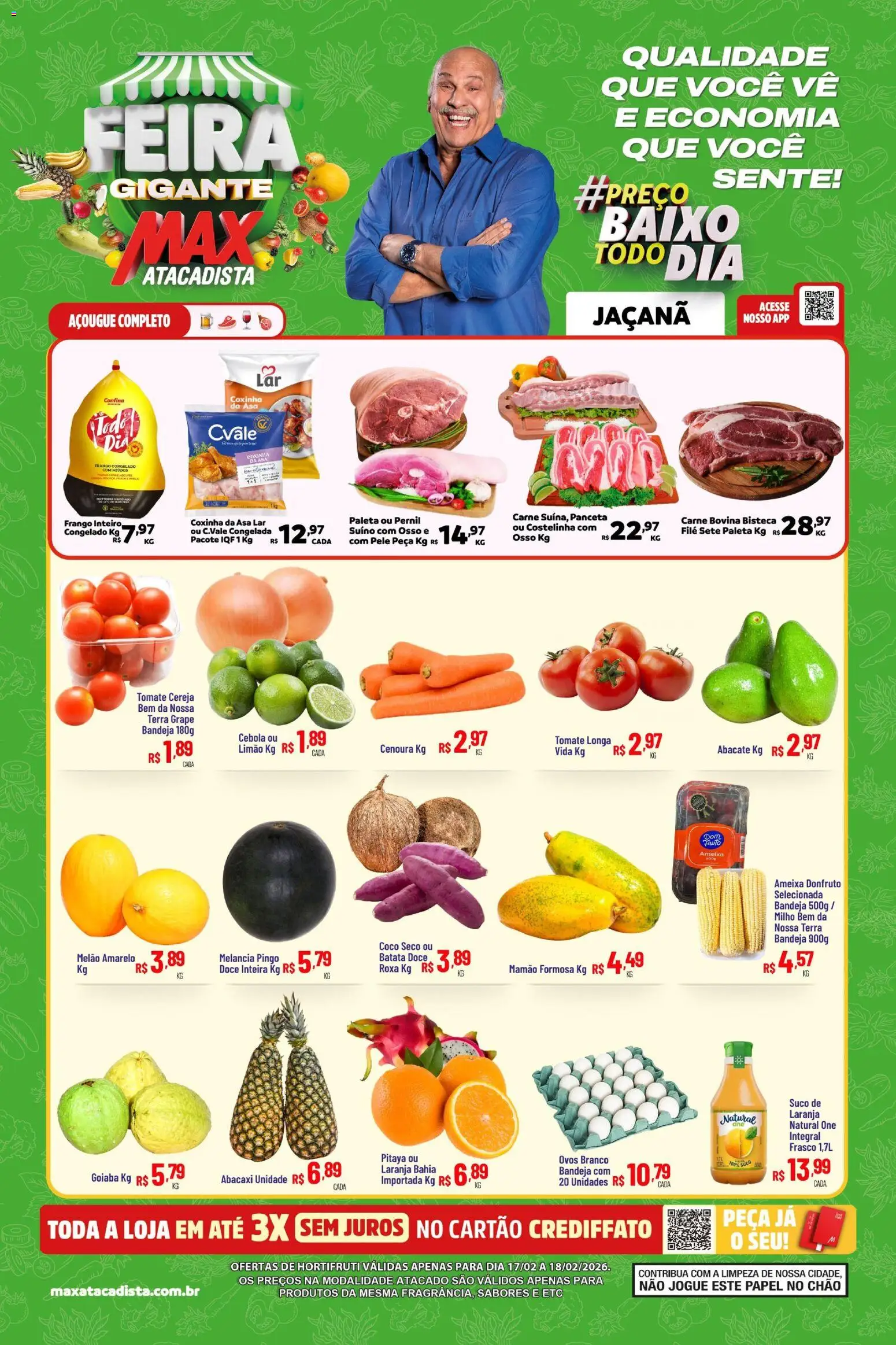 Pré-Visualização do folheto "Ofertas Feira" da loja Max Atacadista válido a partir de 17/02/2026 - Ovos, Carne, Ameixa, Milho, Cereja, Cebola, Melão, Melão amarelo