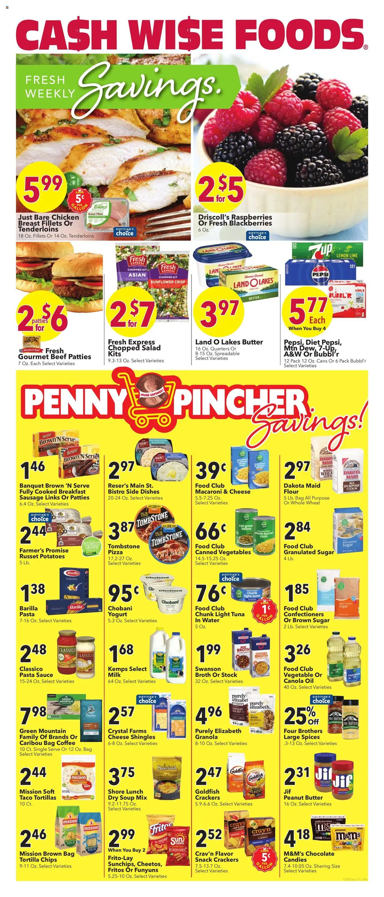 Cash Wise Weekly Ad from 10/08/2025 - Flyer - Page number 1 - Salad, Potatoes, Butter, Sausage, Beans, Spices, Powder, Canned vegetables