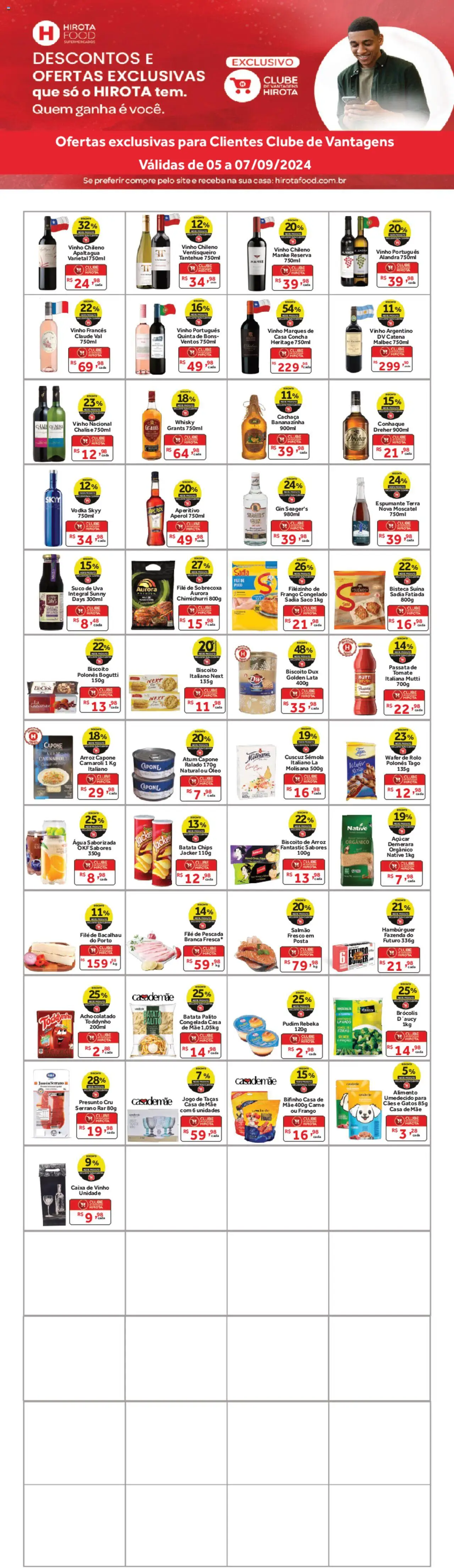 Hirota Food folheto "Ofertas Exclusivas Cliente Clube de Vantagens" válido a partir de 05/09/2025 - número de página 1 - Gin, Vinho, Carne, Batata, Frango, Bacalhau, Cachaça, Espumante