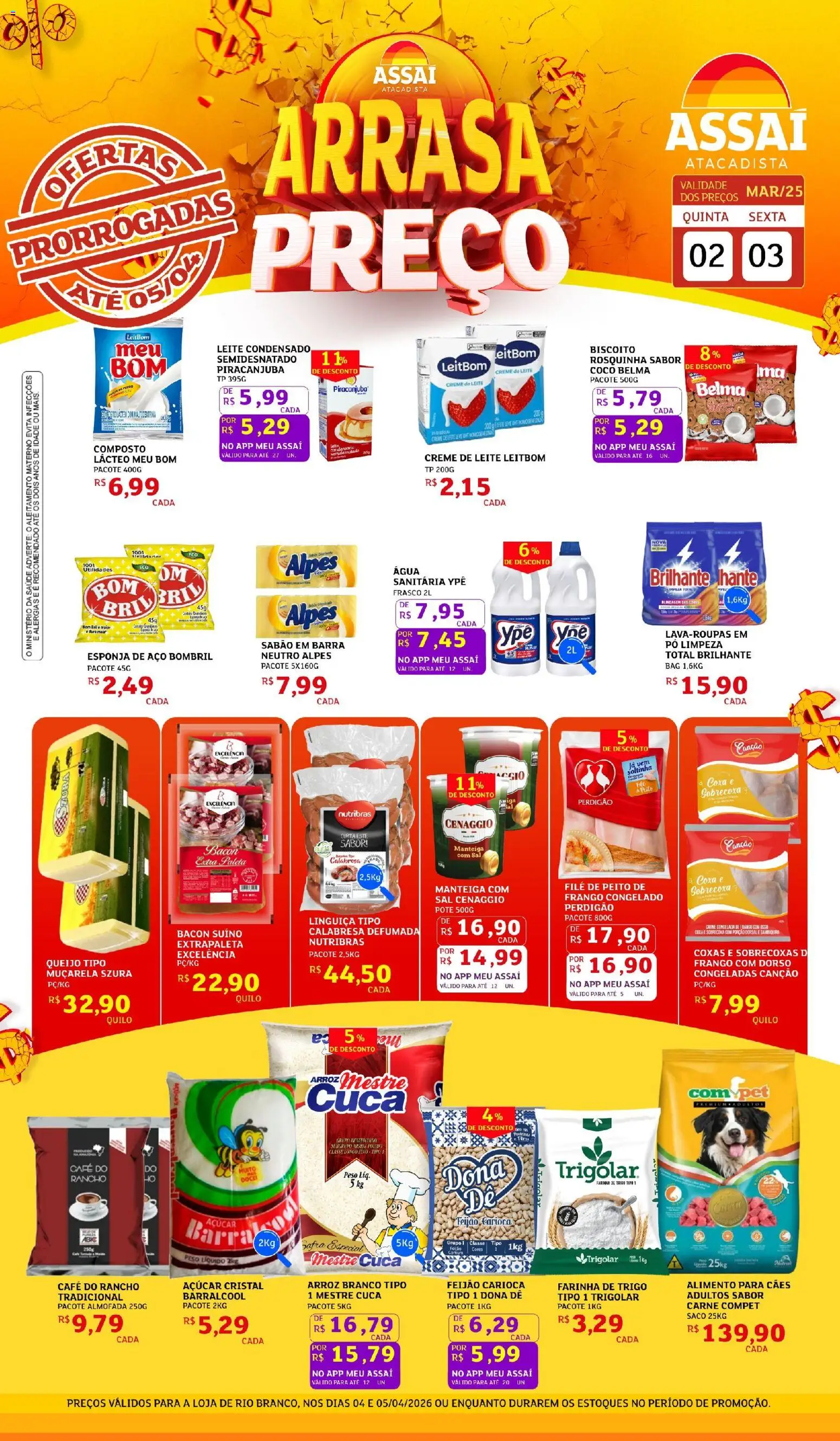 Pré-Visualização do folheto "Assaí Atacadista ofertas - AC" da loja Assaí Atacadista válido a partir de 04/04/2026 - Café, Arroz, Biscoito, Creme, Bacon, Almofada, Açúcar cristal, Sabão em barra