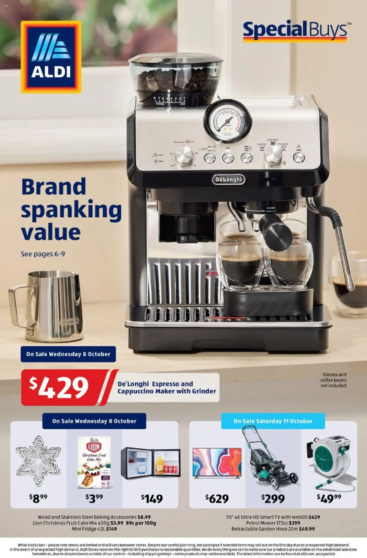 Preview of catalogue Aldi Specials Catalogue from shop Aldi valid 08/10/2025 - Garden hose, Coffee, Wood, Accessories, Cake, Tv, Grinder, Smart tv