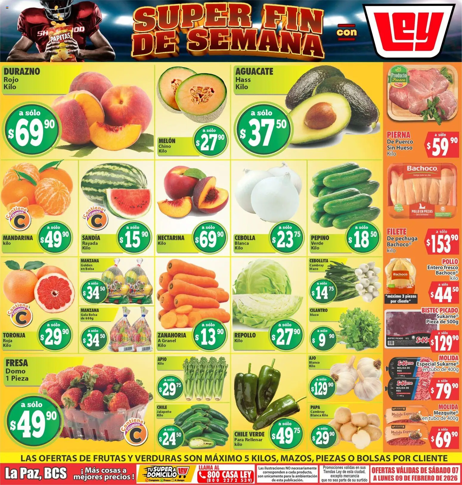 Vista previa las ofertas de la tienda Casa Ley - Folleto Las ofertas de frutas y verduras La Paz, BCS desde el 07/02/2026 - Pollo, Papa, Fresa, Chile, Aguacate, Pepino, Toronja, Filete