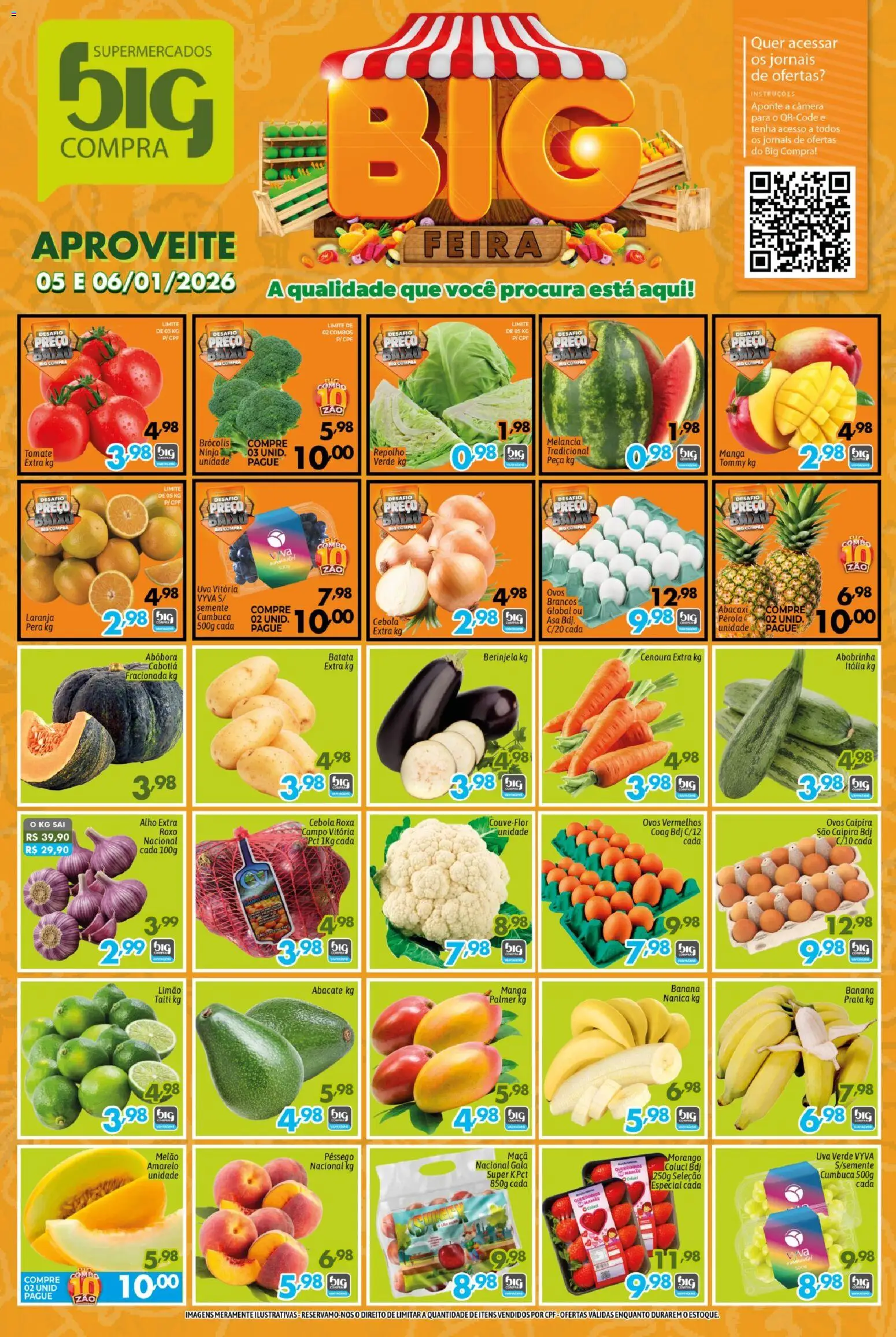 Pré-Visualização do folheto "Ofertas da semana" da loja Big Compra válido a partir de 05/01/2026 - Câmera, Manga, Uva, Brócolis, Pera, Cenoura, Berinjela, Melão
