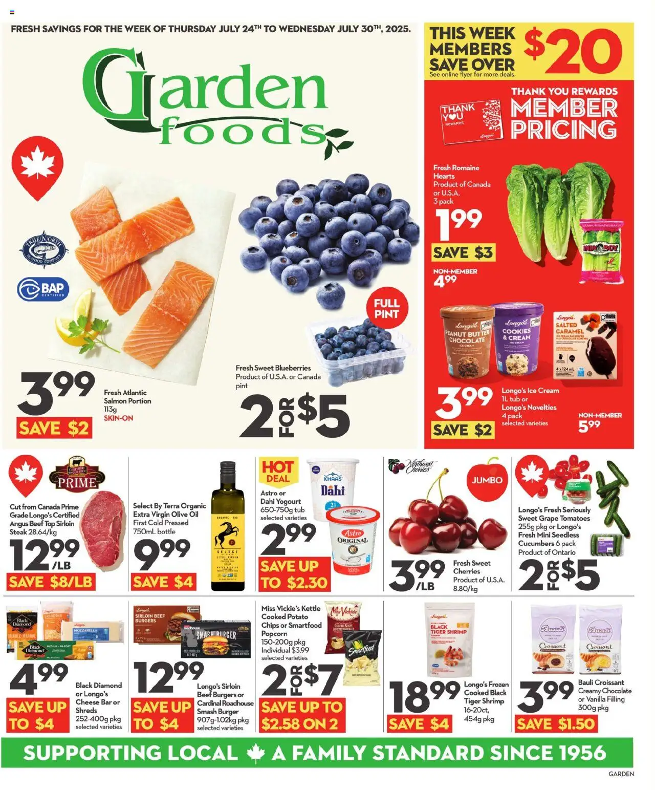 Longo's flyer valid from Jul 24, 2025 - page number 1 - Cookies, Cucumbers, Salmon, Blueberries, Steak, Olive oil, Butter, Cheese