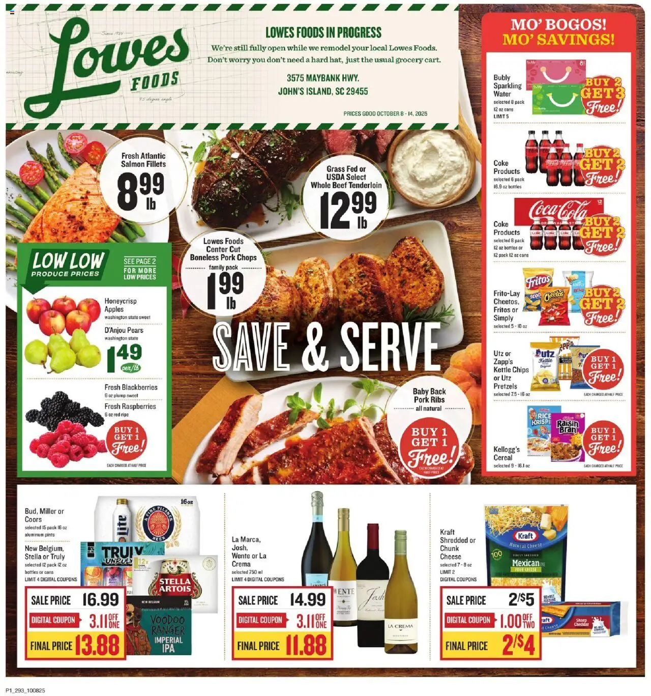 Lowes Foods Weekly Ad - SC from 10/08/2025 - Flyer - Page number 1 - Apples, Chips, Salmon, Cereal, Beef, Pears, Beef tenderloin, Pork ribs