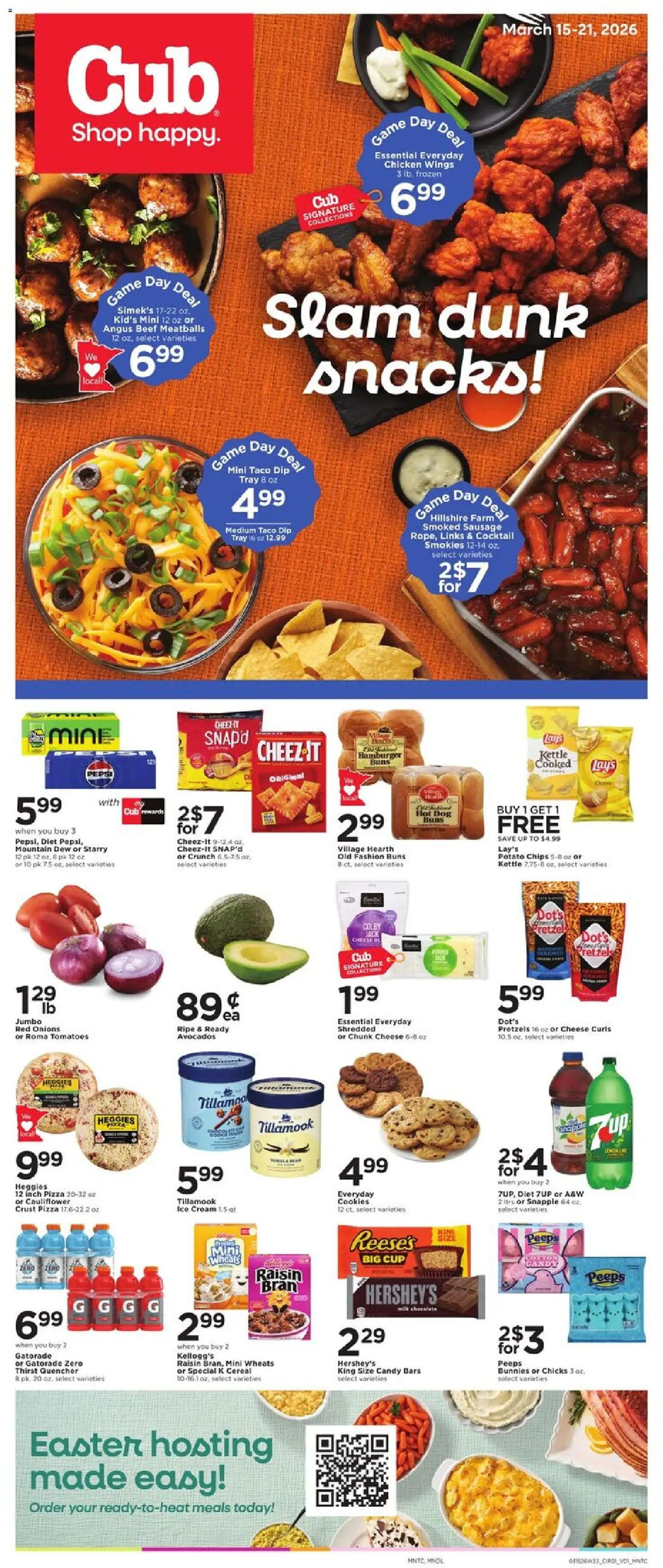 Ad Preview of Cub Foods Cub Foods Weekly Ad from 03/15/2026 - Pizza, Cookies, Hamburger, Chicken wings, Tomatoes, Sausage, Cream, Chicken