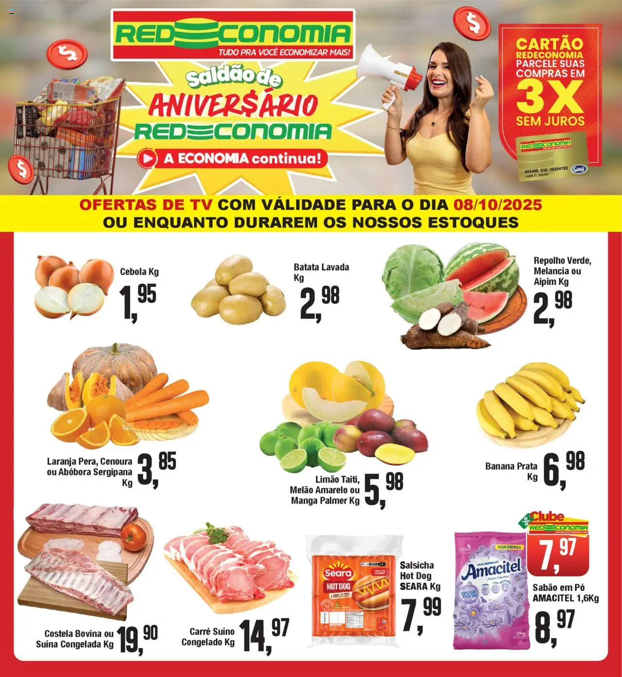 RedEconomia folheto "Encarte" válido a partir de 08/10/2025 - número de página 1 - Perfume, Salsicha, Batata, Cenoura, Cebola, Repolho, Melão, Sabão