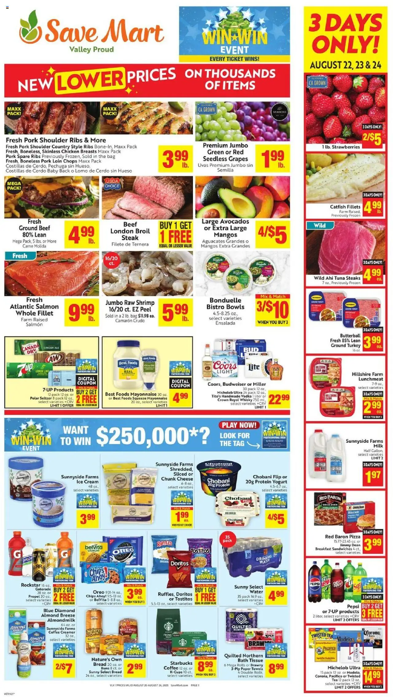 Save Mart Weekly - CA from 08/20/2025 - Flyer - Page number 1 - Ice, Steak, Strawberries, Salmon, Pepsi, Beef, Oven, Paper towels