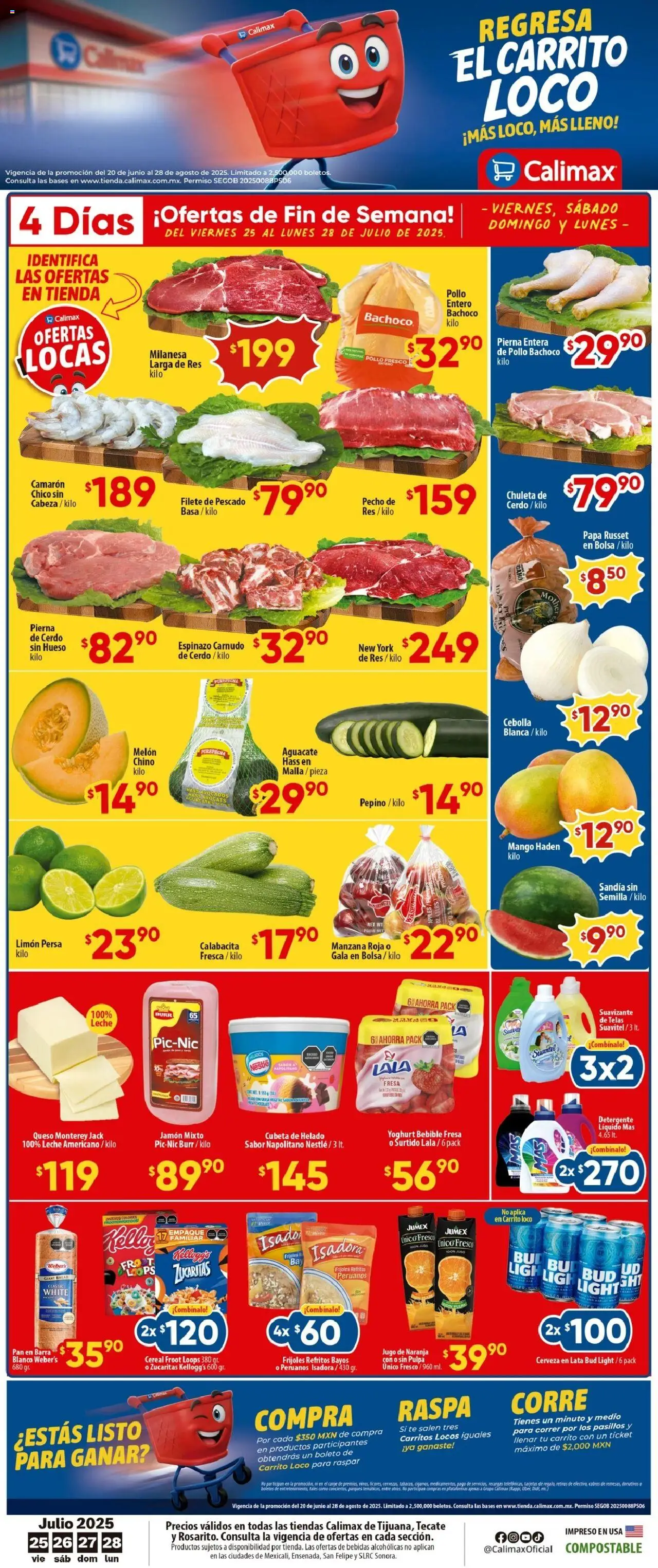 Folleto Tijuana Calimax y sus promociones válidas desde el 25/07/2025 - Número de página 1 - Papa, Té, Helado, Limón, Pepino, Res, Filete, Cerveza en lata