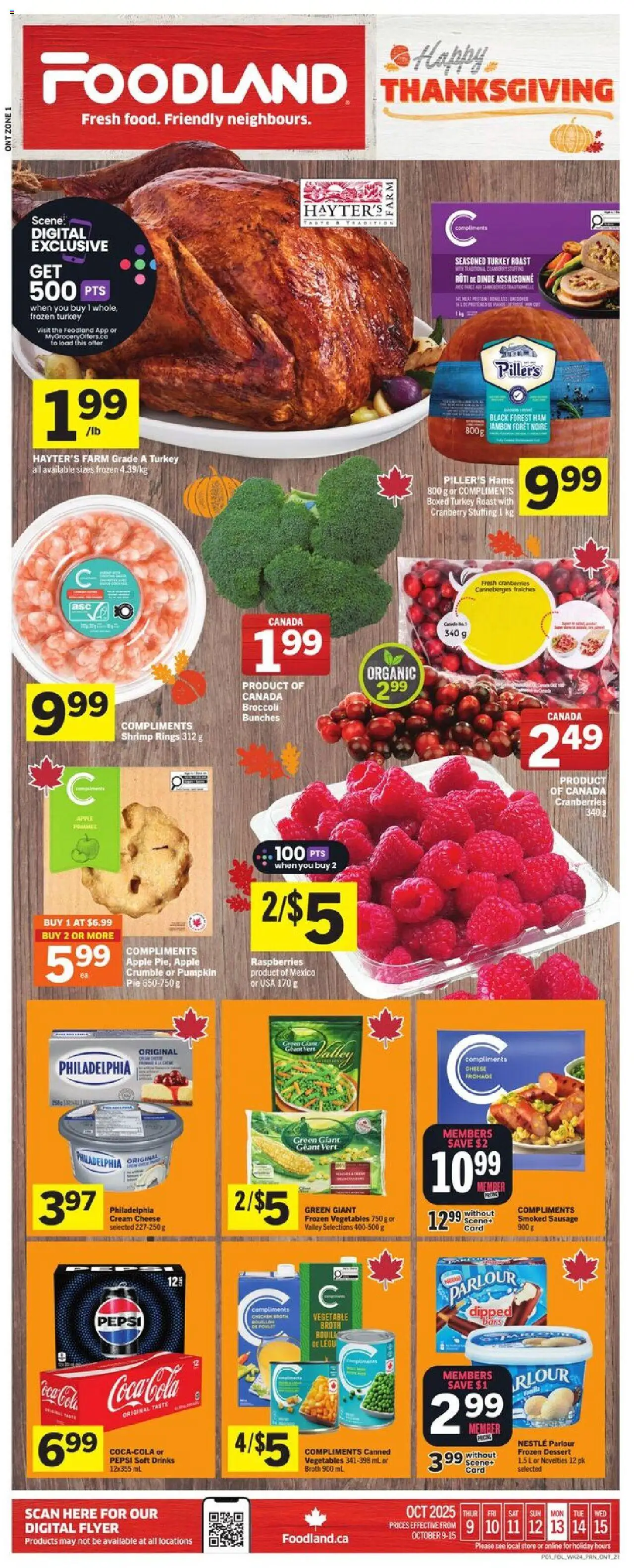 Preview of leaflet Weekly flyer / circulaire from shop Foodland is valid from Oct 09, 2025 - Cheese, Pumpkin, Broccoli, Vegetables, Raspberries, Cream cheese, Sausage, Cream