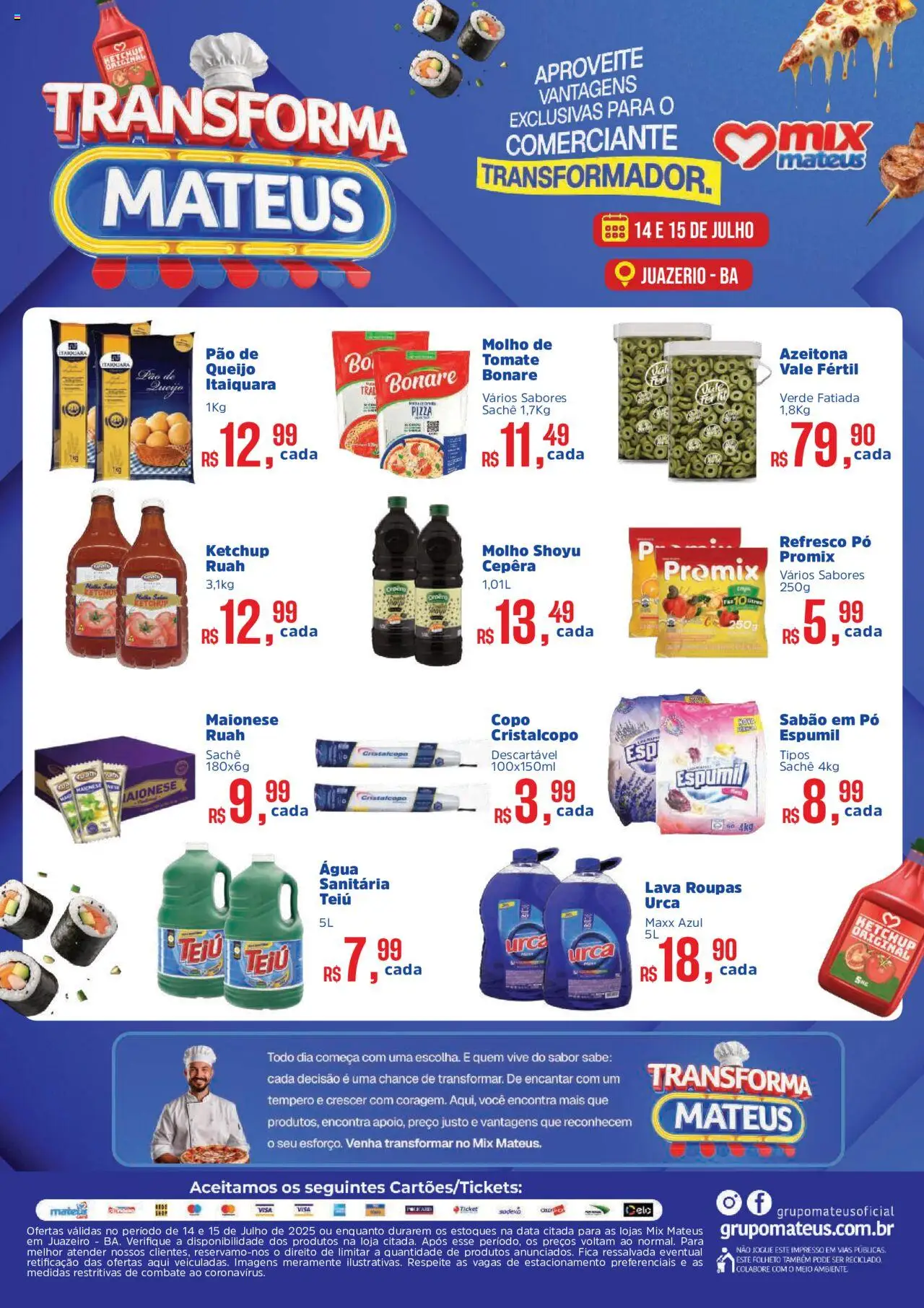 Mateus folheto "Ofertas Segunda e Terça do Comerciante" válido a partir de 14/07/2025 - número de página 1 - Tomate, Refresco, Queijo, Pão, Ketchup, Maionese, Pão de queijo, Água sanitária