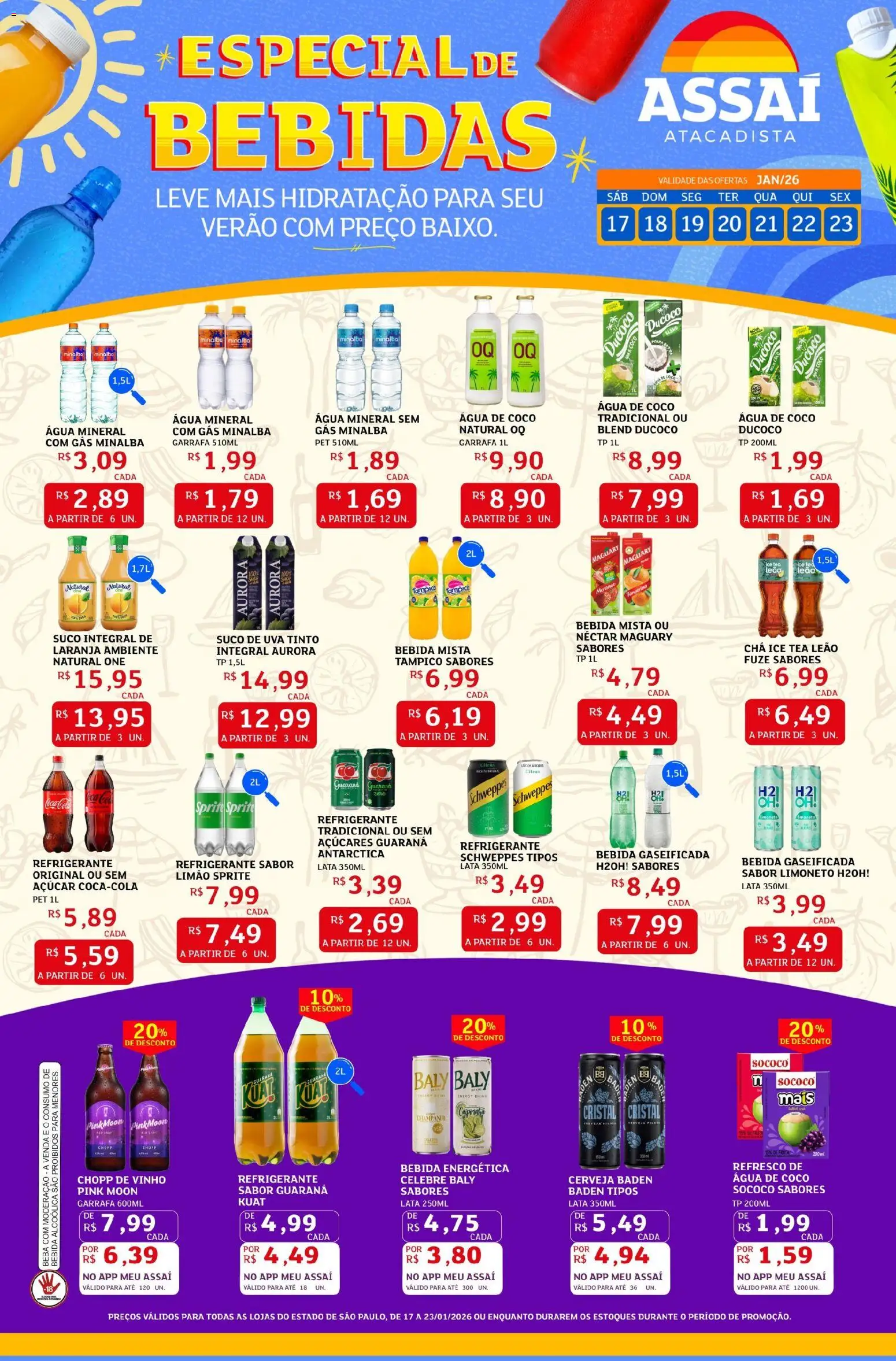 Pré-Visualização do folheto "Encarte - SP" da loja Assaí Atacadista válido a partir de 17/01/2026 - Cerveja, Uva, Bebidas, Bebida, Açúcar, Guaraná, Água mineral, Minalba