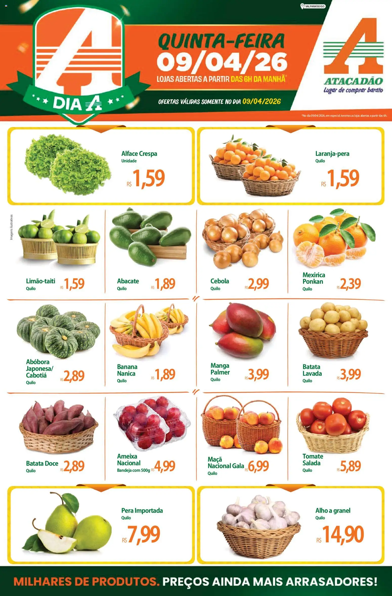 Pré-Visualização do folheto "Atacadão ofertas - GO" da loja Atacadão válido a partir de 09/04/2026 - Doce, Ameixa, Tomate, Abacate, Alface, Salada, Bandeja, Alho