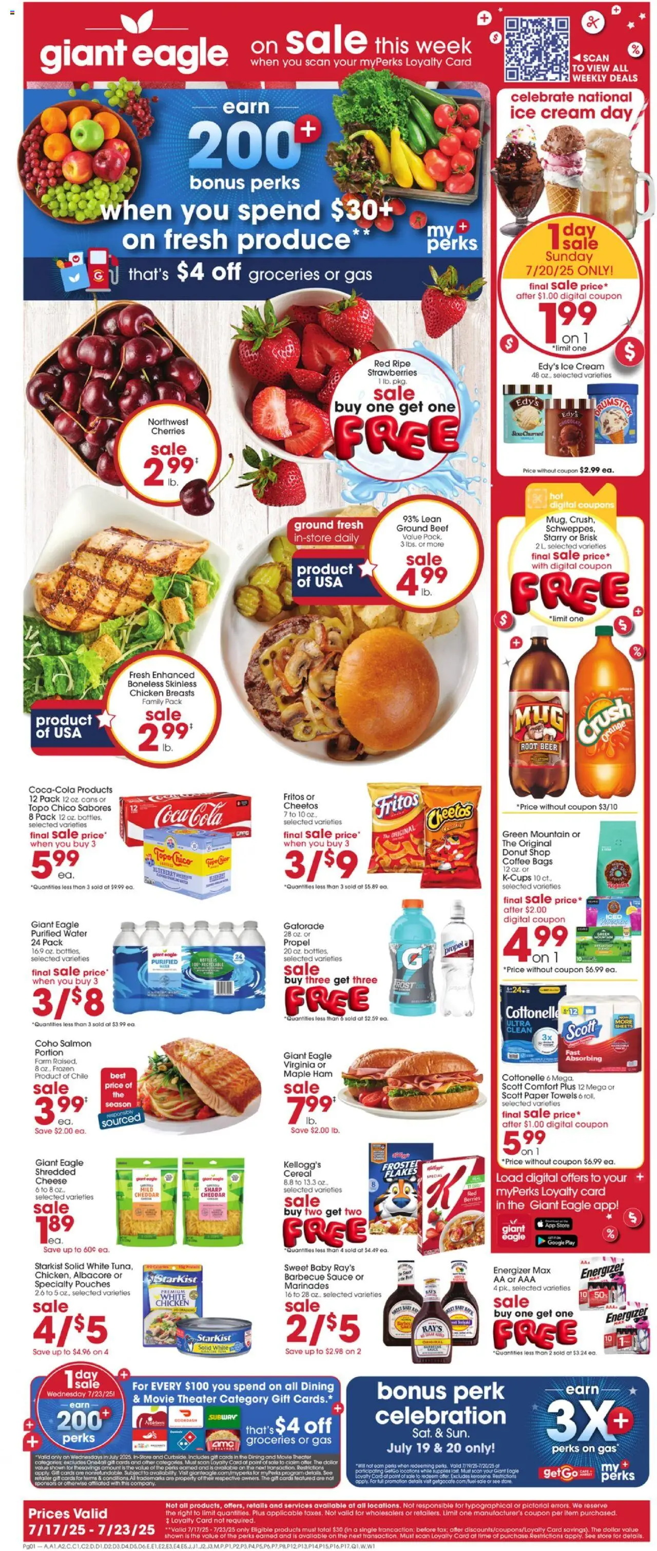 Giant Eagle Weekly Ad from 07/17/2025 - Flyer - Page number 1 - Coffee, Ice cream, Groceries, Beer, Ice, Salmon, Ground beef, Cream