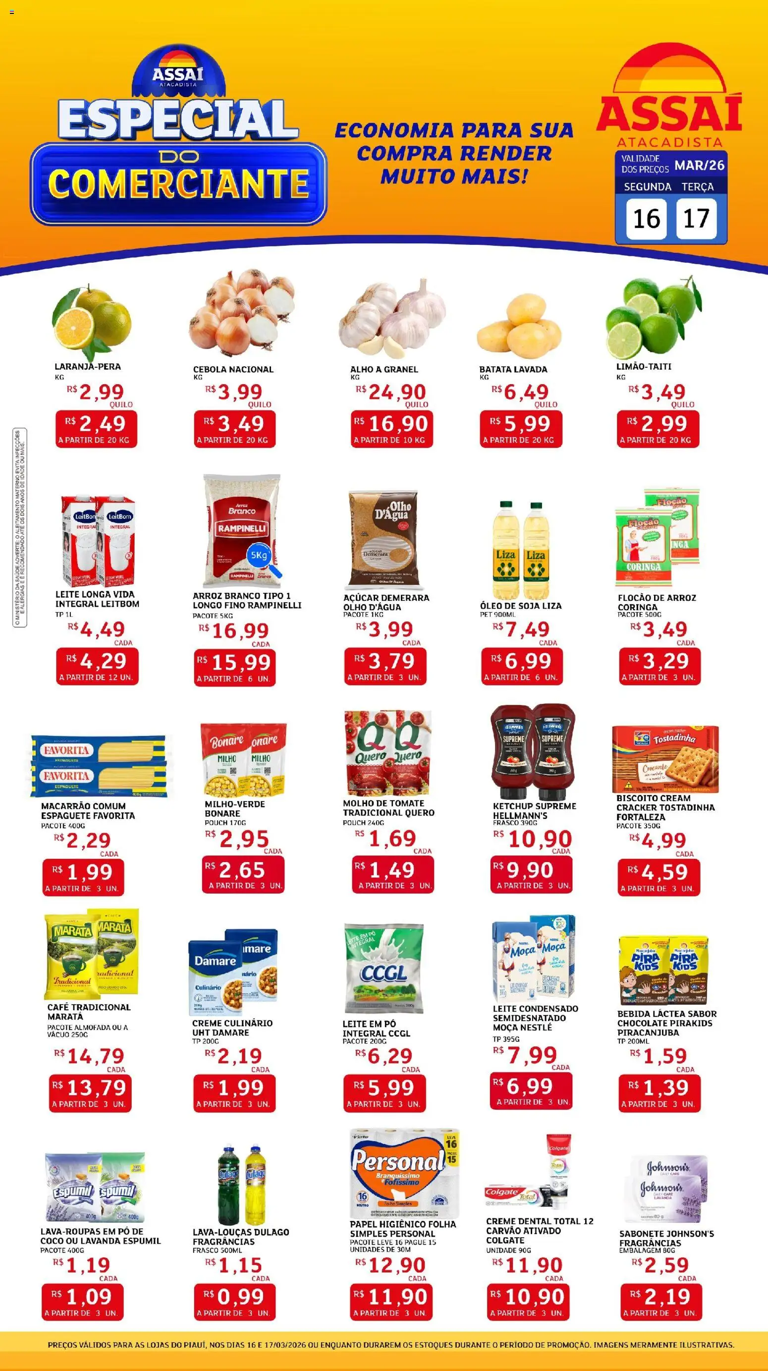 Pré-Visualização do folheto "Assaí Atacadista ofertas - PI" da loja Assaí Atacadista válido a partir de 16/03/2026 - Macarrão, Bebida, Biscoito, Papel higiênico, Pó, Alho, Creme dental, Açúcar demerara