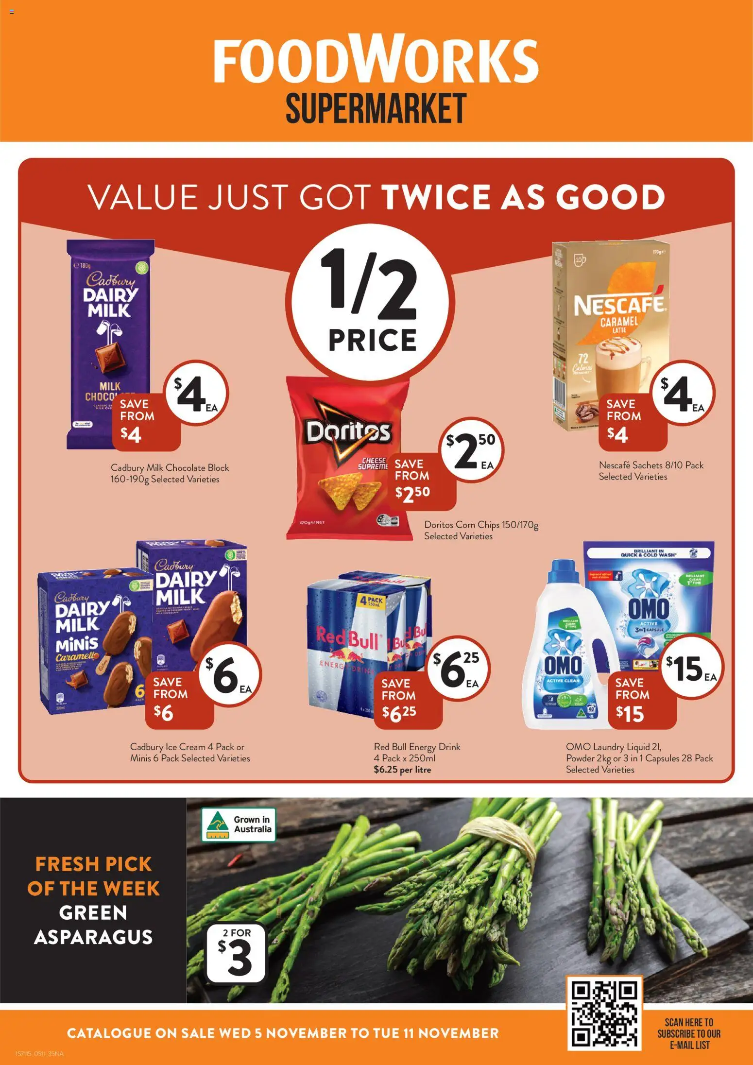 Preview of catalogue Catalogue NSW from shop Foodworks valid 05/11/2025 - Corn, Energy drink, Chocolate, Chips, Capsules, Red Bull, Laundry, Asparagus