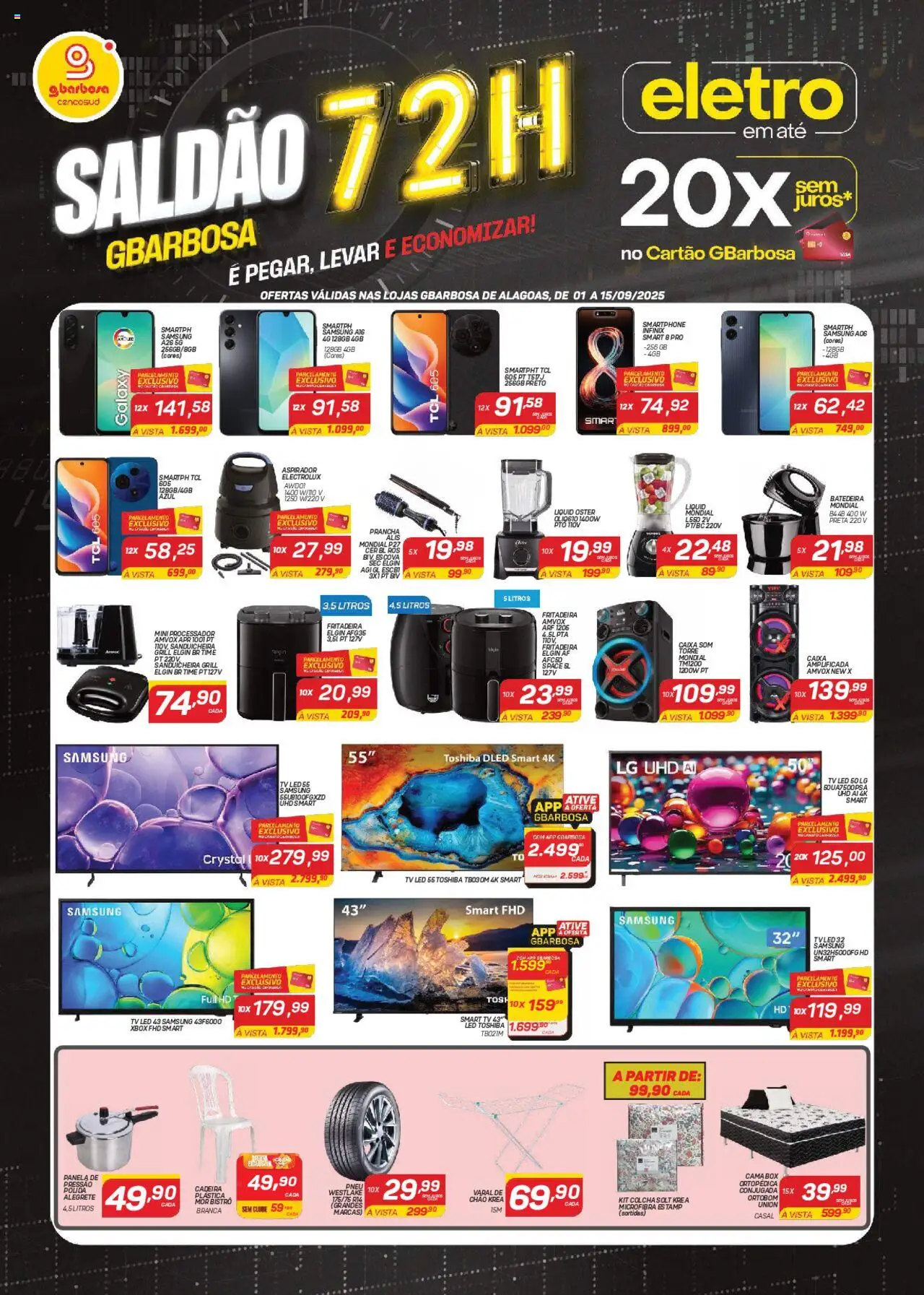 Gbarbosa folheto "Ofertas Saldão Eletro" válido a partir de 01/09/2025 - número de página 1 - Cadeira, Sanduicheira, Smartphone, Pneu, smart TV, Prancha, Panela, Escova