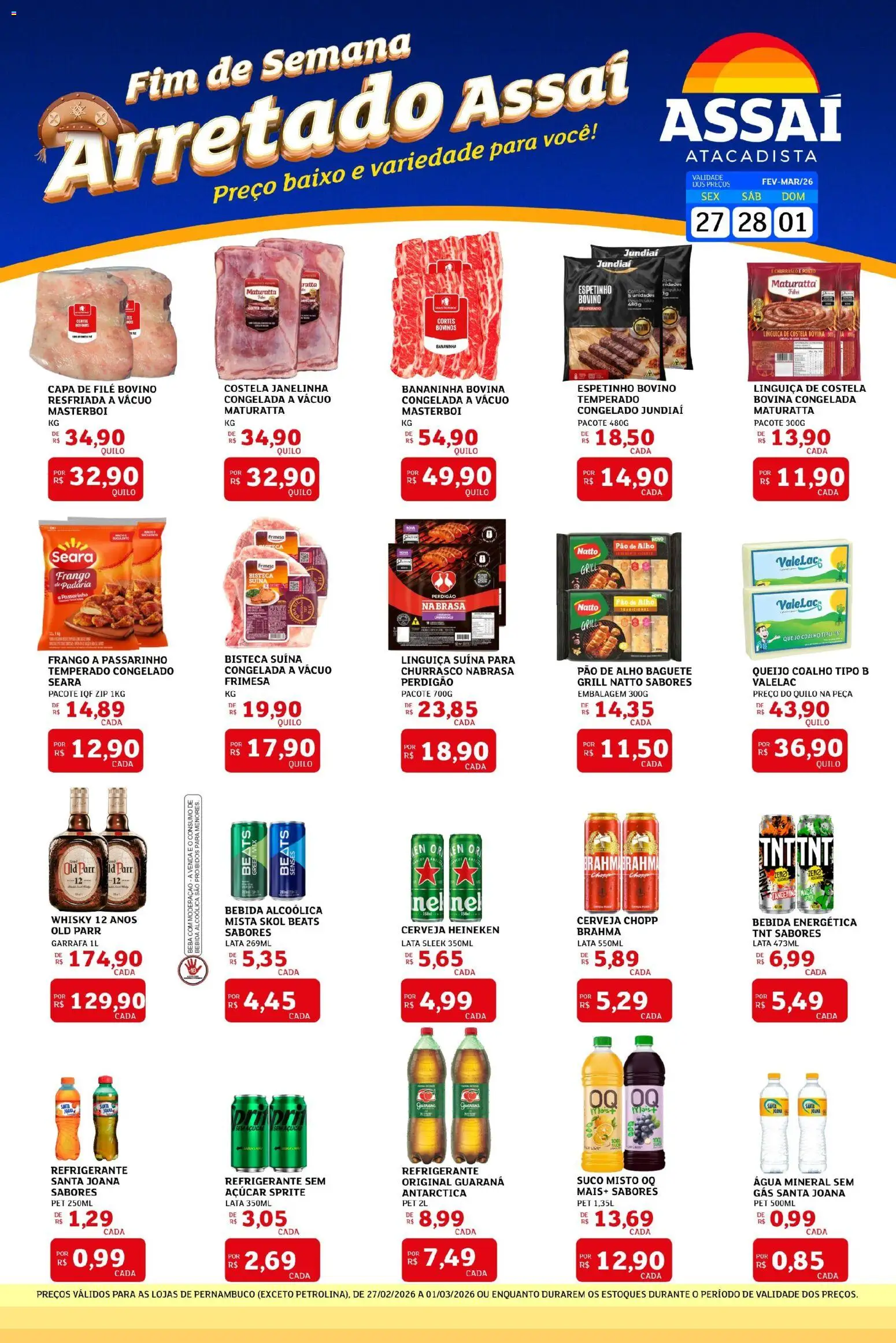 Pré-Visualização do folheto "Encarte - PE" da loja Assaí Atacadista válido a partir de 27/02/2026 - Whisky, Heineken, Pão, Bebida, Frango, Açúcar, Grill, Linguiça