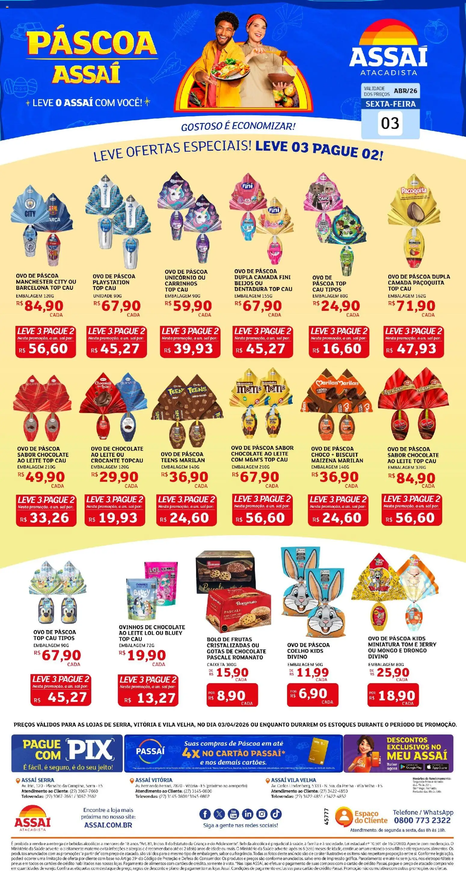 Pré-Visualização do folheto "Assaí Atacadista ofertas - ES" da loja Assaí Atacadista válido a partir de 03/04/2026 - Playstation, Ovo de páscoa, Bolo, Chocolate, Frutas, Bebidas, Leite, Alimentos