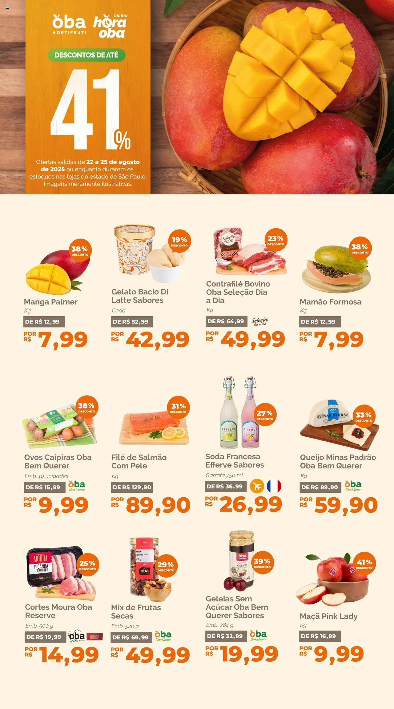 Oba Hortifruti folheto "Ofertas da semana" válido a partir de 22/08/2025 - número de página 1 - Frutas, Manga, Picanha, Queijo, Cereja, Contra filé, Soda, Filé de salmão