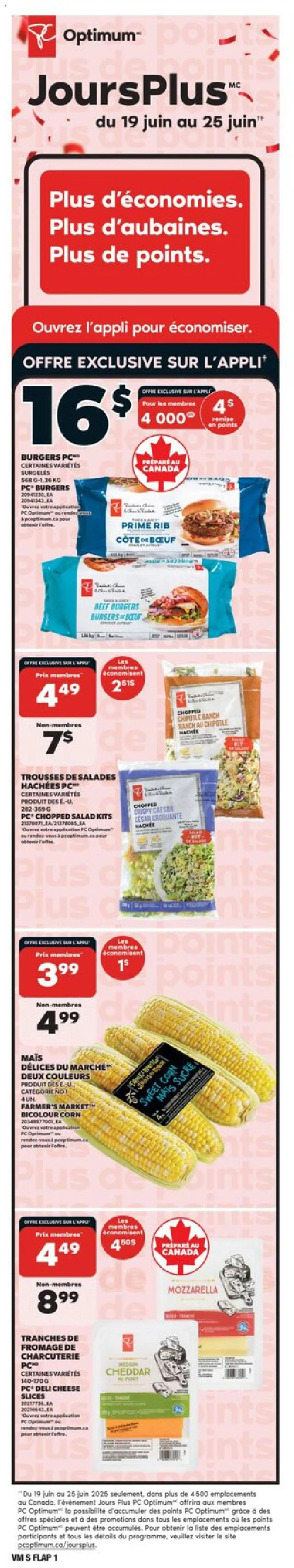 Valu Mart flyer valid from Jun 19, 2025 - page number 1 - Cheese, Beef, Salad, PC, Burgers, Cheddar, Corn, Mozzarella