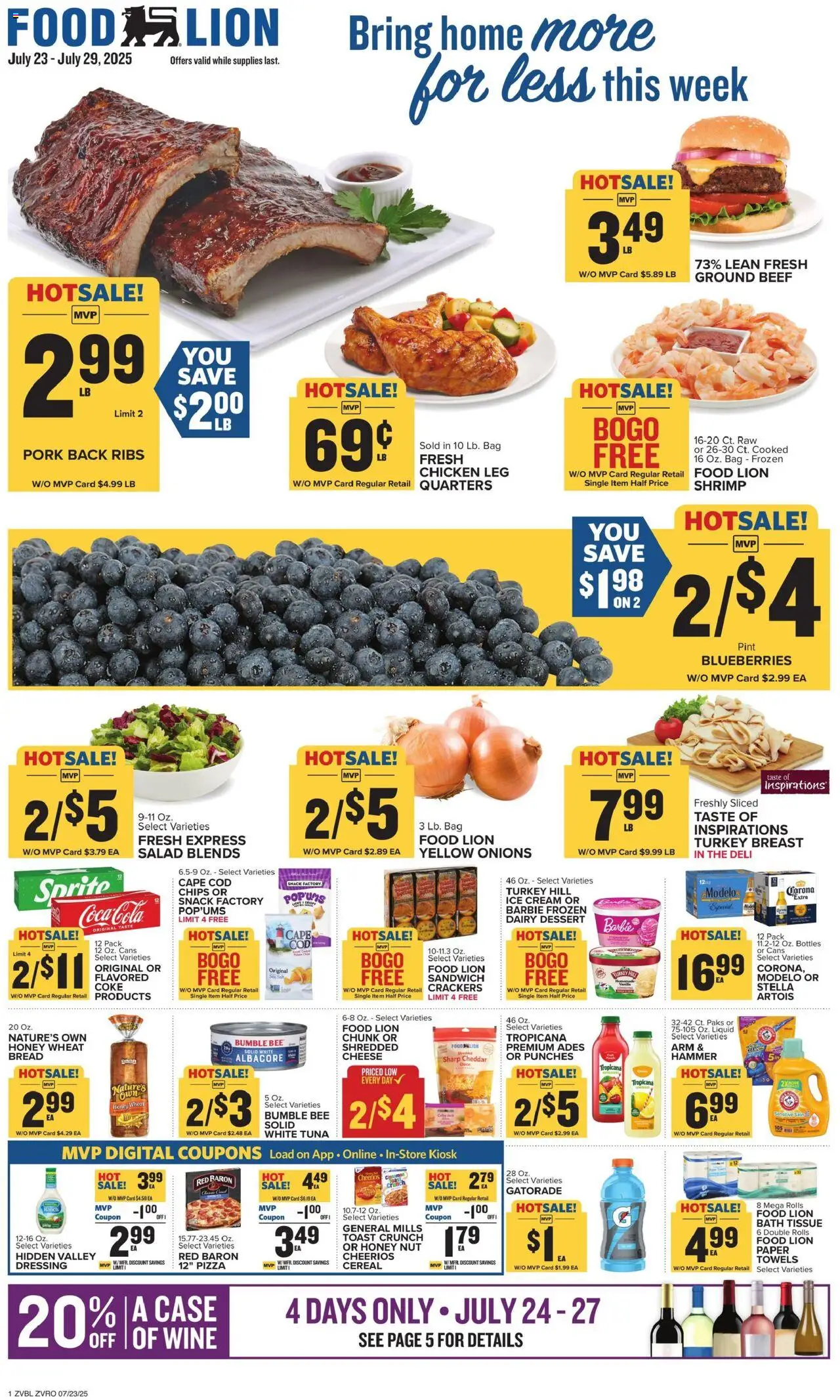 Food Lion Weekly Ad (07/23/2025) >> Preview AD next week - Page number 1 - Wine, Chips, Cheese, Shrimp, Cereal, Salt, Ground beef, Hammer