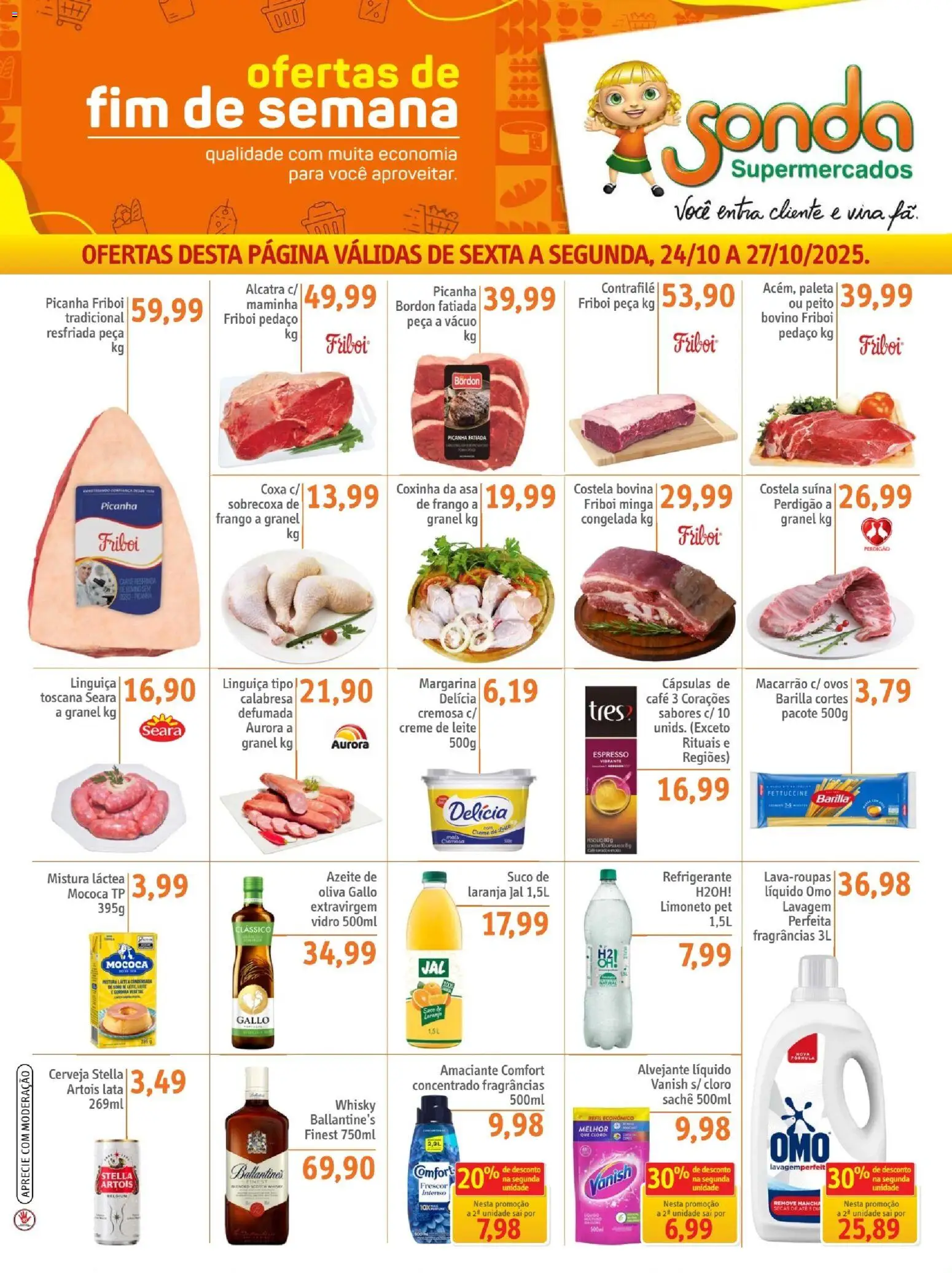 Pré-Visualização do folheto "Ofertas FDS" da loja Sonda válido a partir de 24/10/2025 - Macarrão, Creme, Vanish, Linguiça, Cloro, Alvejante, Barilla, Ballantine’s
