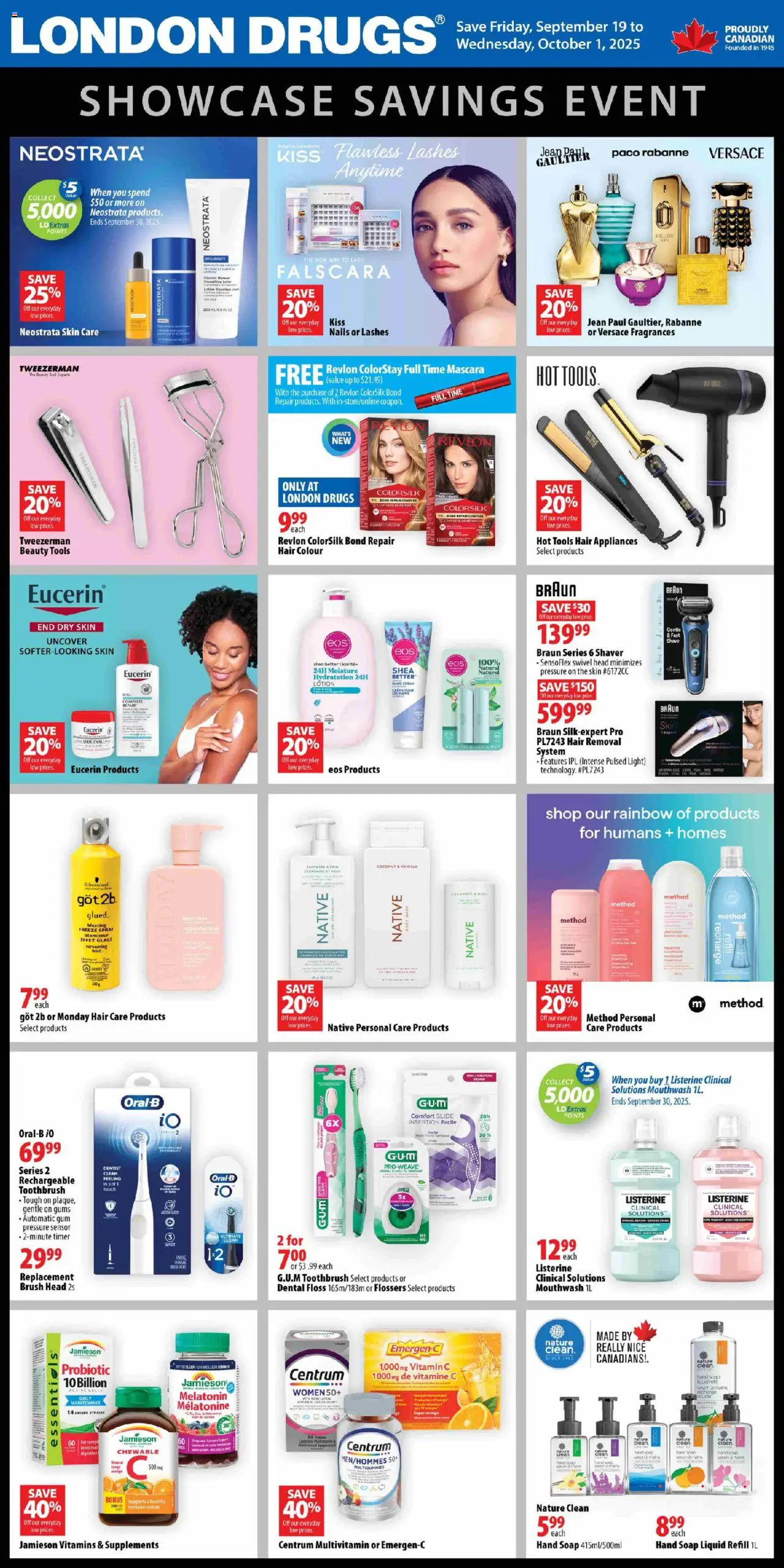 London Drugs flyer valid from Sep 19, 2025 - page number 1 - Mouthwash, Cream, Multivitamin, Toothbrush, Brush, Hand cream, Body wash, Listerine