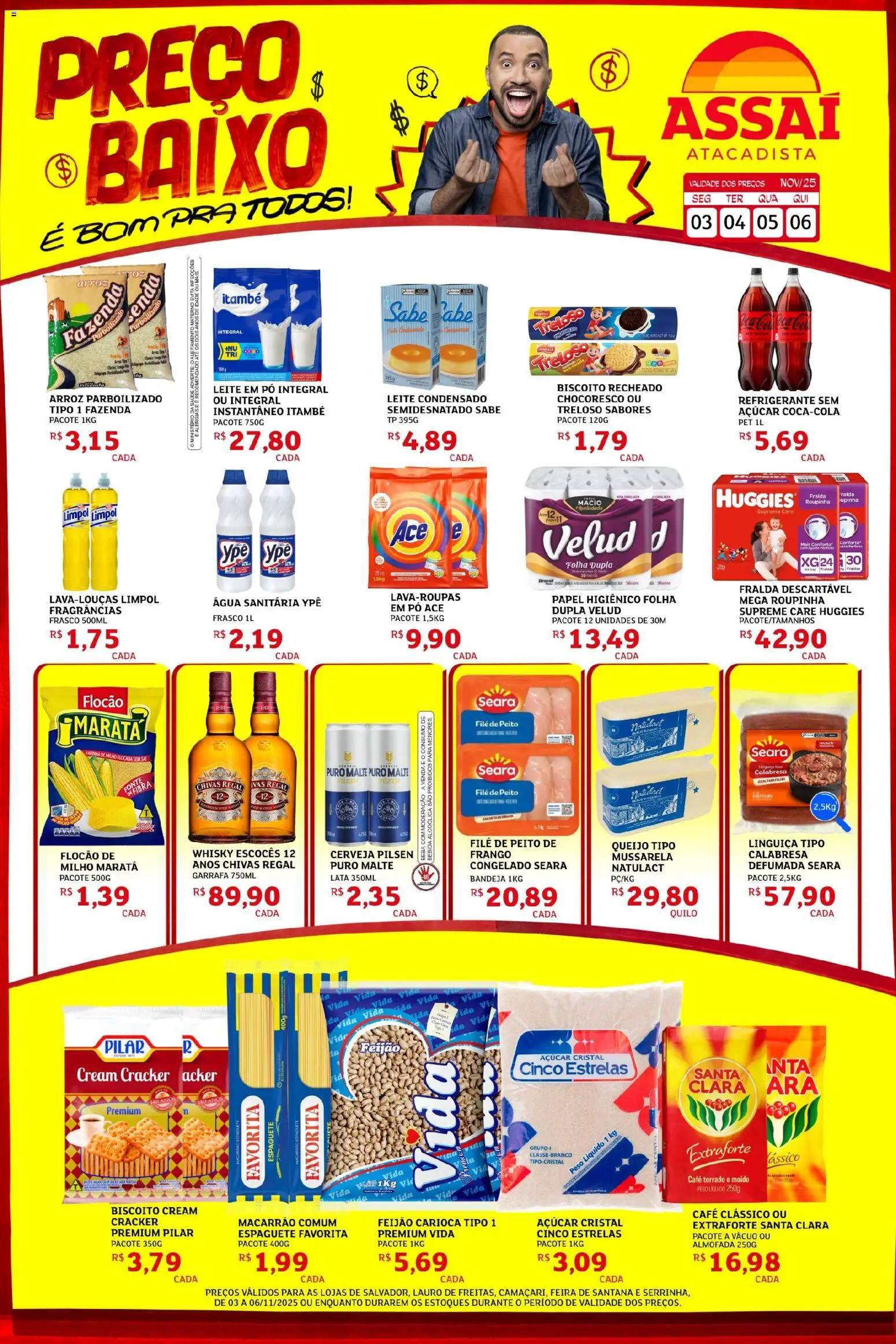 Pré-Visualização do folheto "Encarte - BA" da loja Assaí Atacadista válido a partir de 03/11/2025 - Arroz, Leite, Frango, Açúcar, Espaguete, Cream cracker, Biscoito recheado, Açúcar cristal