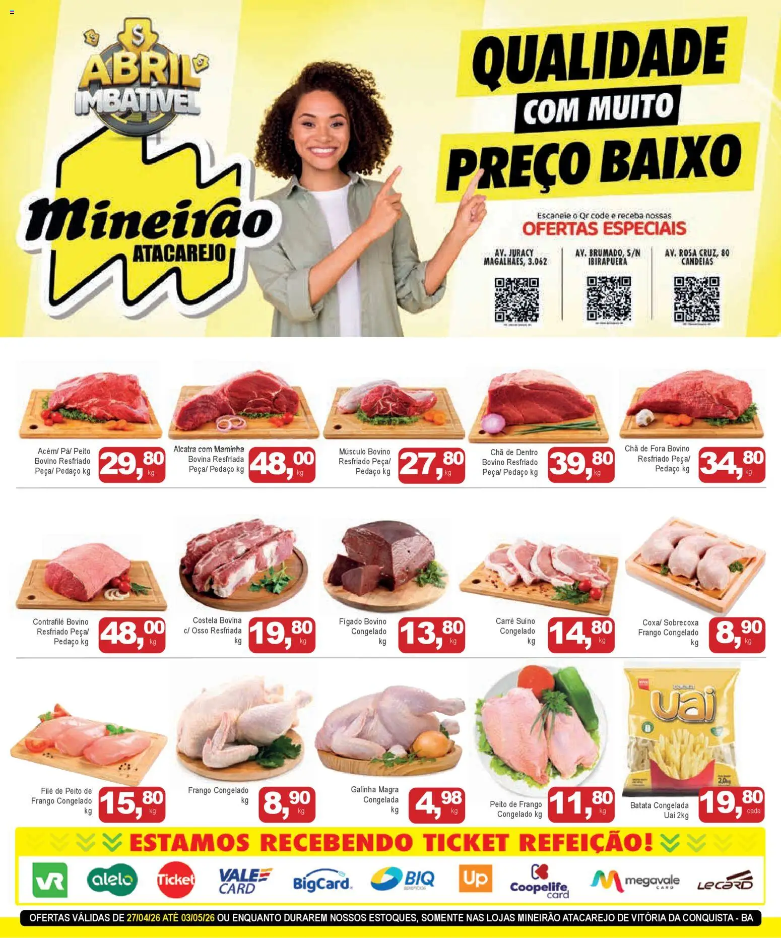 Pré-Visualização do folheto "Mineirão Atacarejo - Ofertas da semana" da loja Mineirão Atacarejo válido a partir de 27/04/2026 - Batata, Frango, Chá, Fígado, Alcatra, Maminha, Costela bovina, Músculo bovino