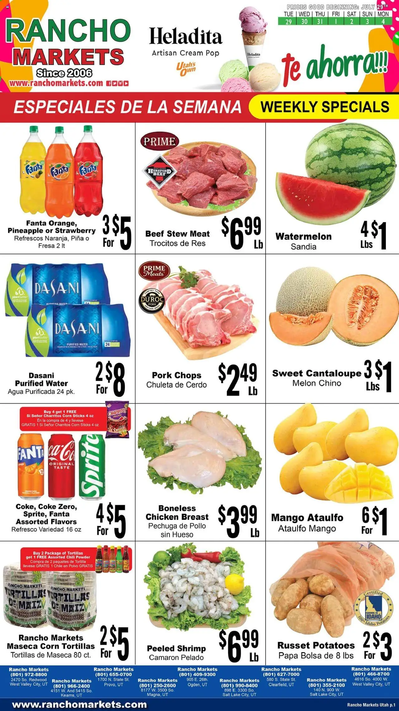 Rancho Markets Weekly Ad from 07/29/2025 - Flyer - Page number 1 - Corn, Powder, Beef, Pineapple, Cream, Potatoes, Tortillas, Fanta