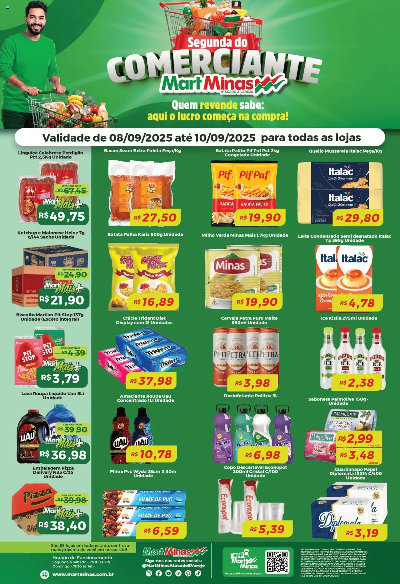 Mart Minas folheto "Ofertas Segunda do Comerciante" válido a partir de 08/09/2025 - número de página 1 - Pizza, Perfume, Cerveja, Sabonete, Batata, Milho, Linguiça, Guardanapo