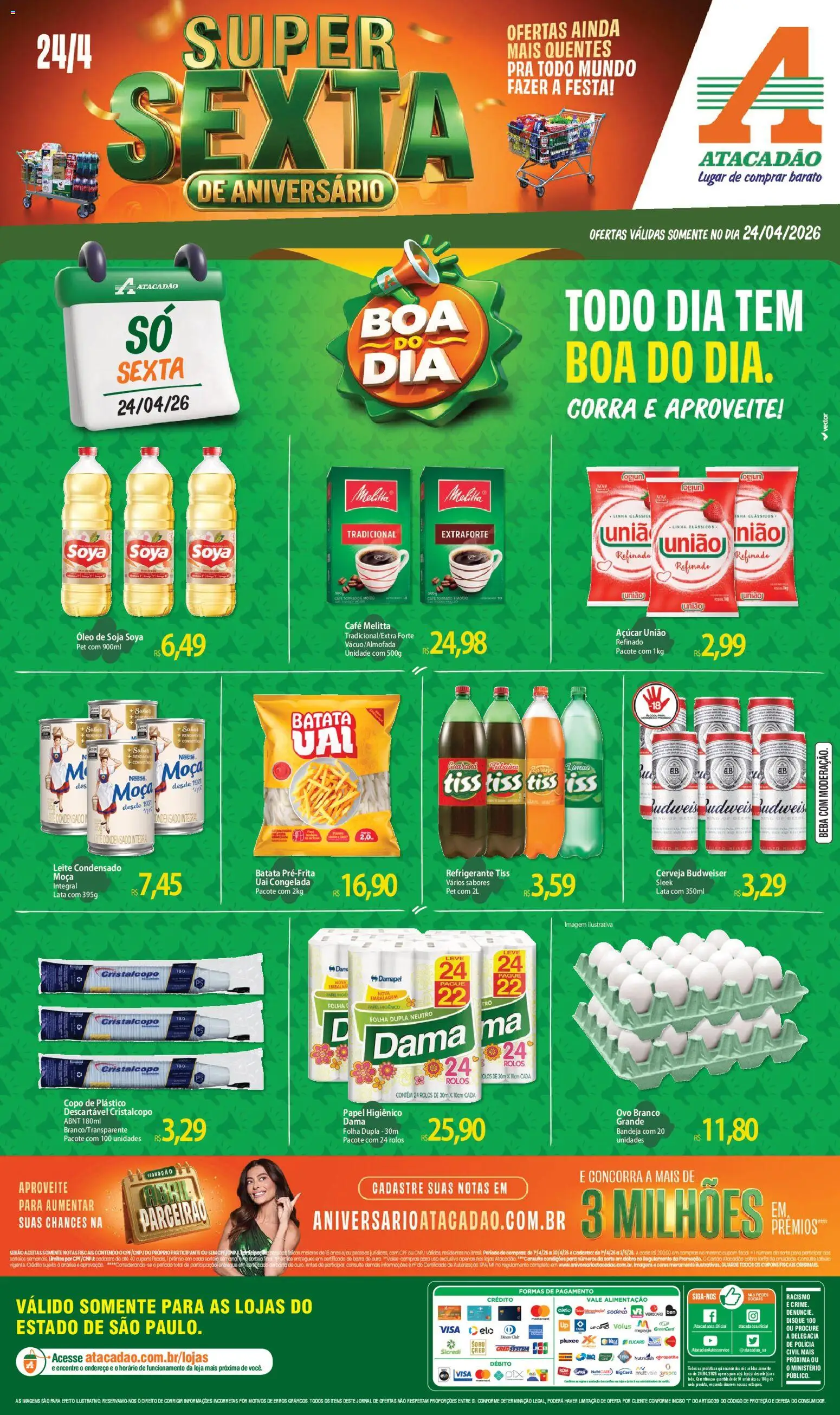 Pré-Visualização do folheto "Atacadão ofertas - SP" da loja Atacadão válido a partir de 24/04/2026 - Café, Leite condensado, Óleo, Batata, Açúcar, Refrigerante, Bandeja, Guaraná
