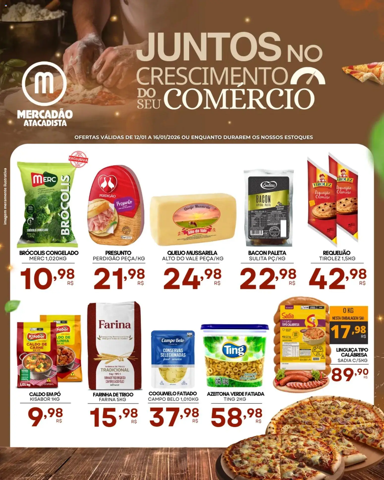 Pré-Visualização do folheto "Ofertas da semana" da loja Mercadão Atacadista válido a partir de 12/01/2026 - Brócolis, Cogumelo, Mussarela, Ferro, Bacon, Farinha de trigo, Linguiça, Conservas