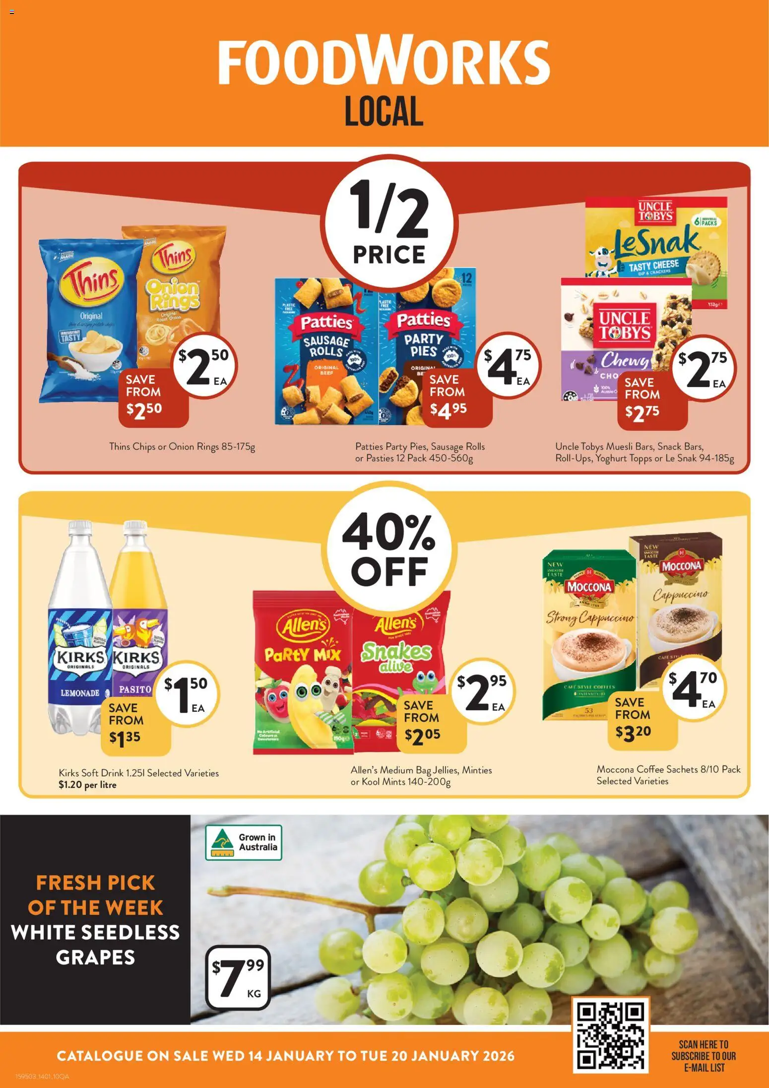 Preview of catalogue Catalogue QLD from shop Foodworks valid 14/01/2026 - Chips, Sachets, Sausage, Grapes, Pies, Moccona, Seedless grapes, Bag