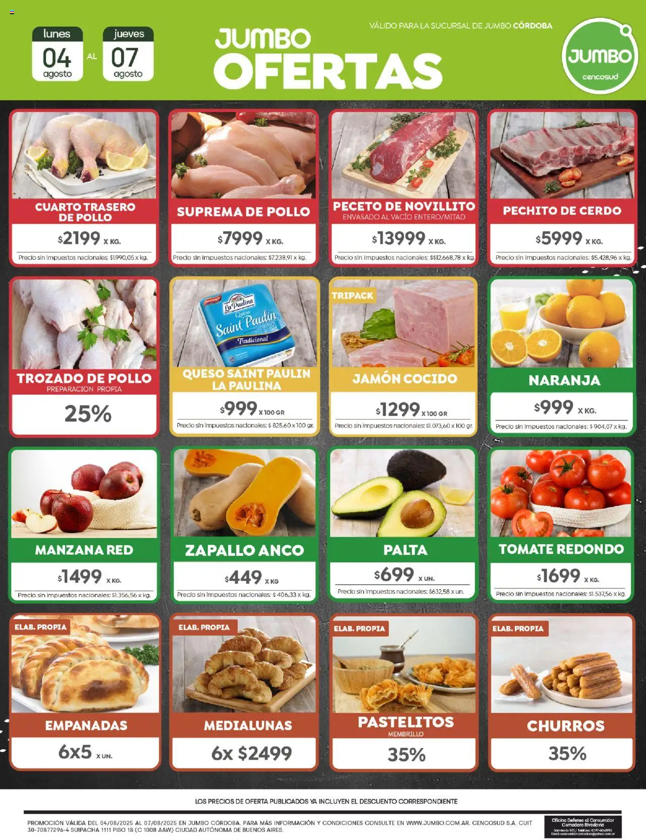 Jumbo Oferta - Córdoba del 04/08/2025 >> Catálogo - Pollo, Zapallo, Manzana, Queso, Tomate, Cerdo, Jamón cocido, Jamón