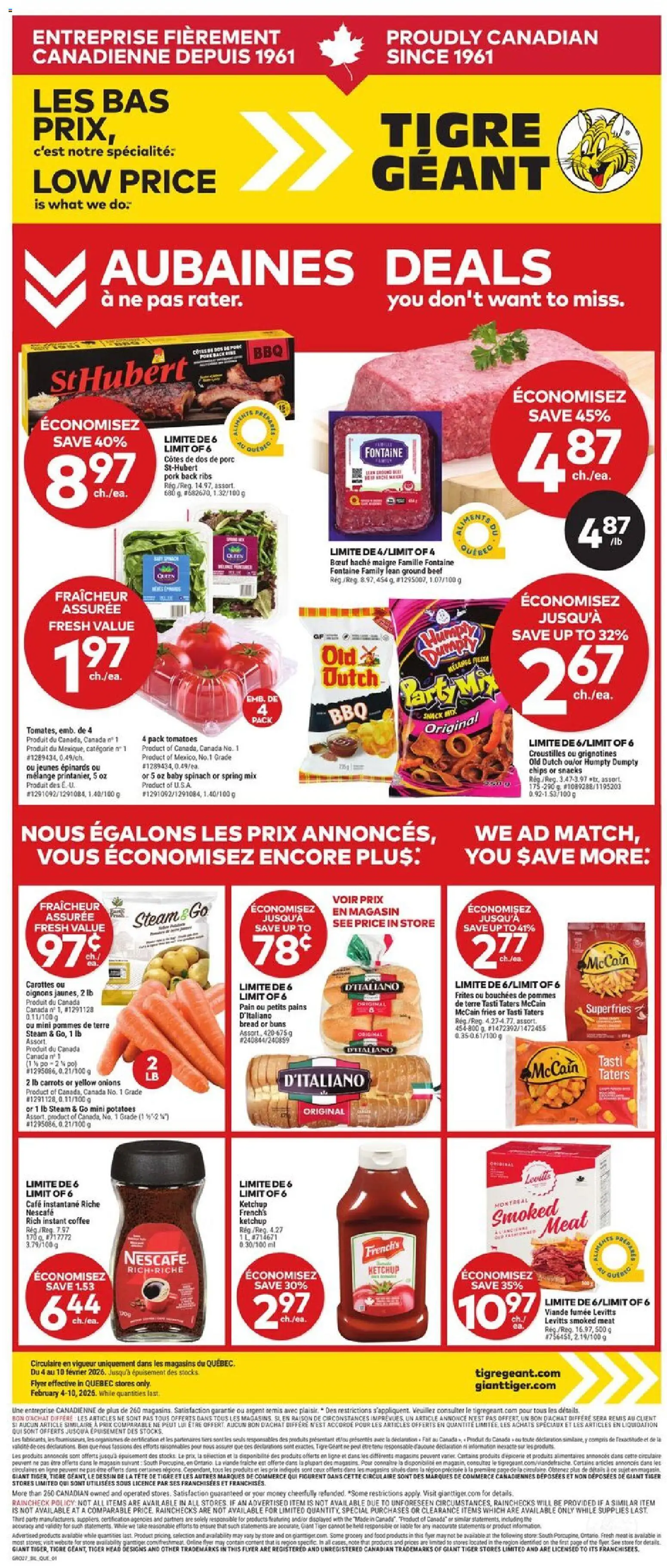 Preview of leaflet Weekly Flyer from shop Giant Tiger is valid from Feb 04, 2026 - Coffee, Meat, Potatoes, Tomatoes, Carrots, Spinach, Ketchup, Instant coffee