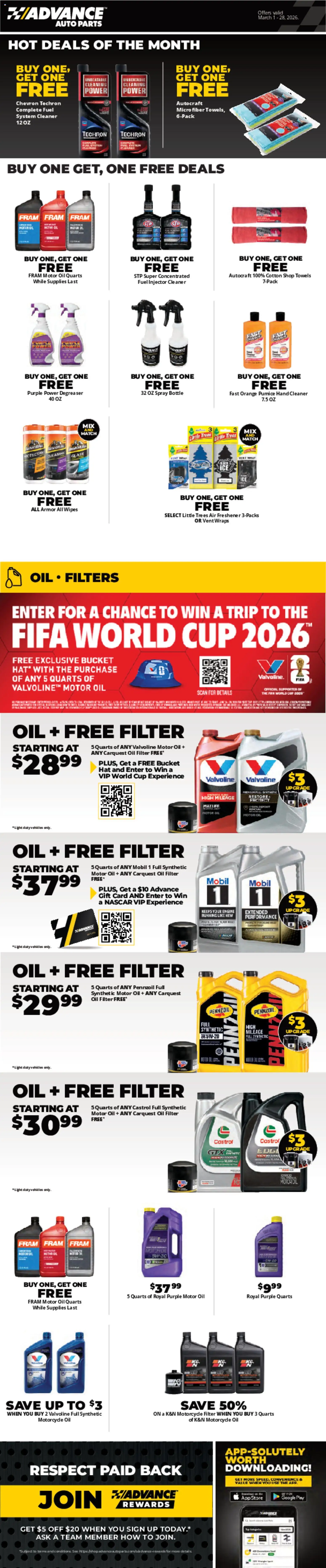Ad Preview of Advance Auto Parts Advance Auto Parts Weekly Ad from 03/01/2026 - Saw, Hat, Oil, Oil filter, Air freshener, Motor Oil