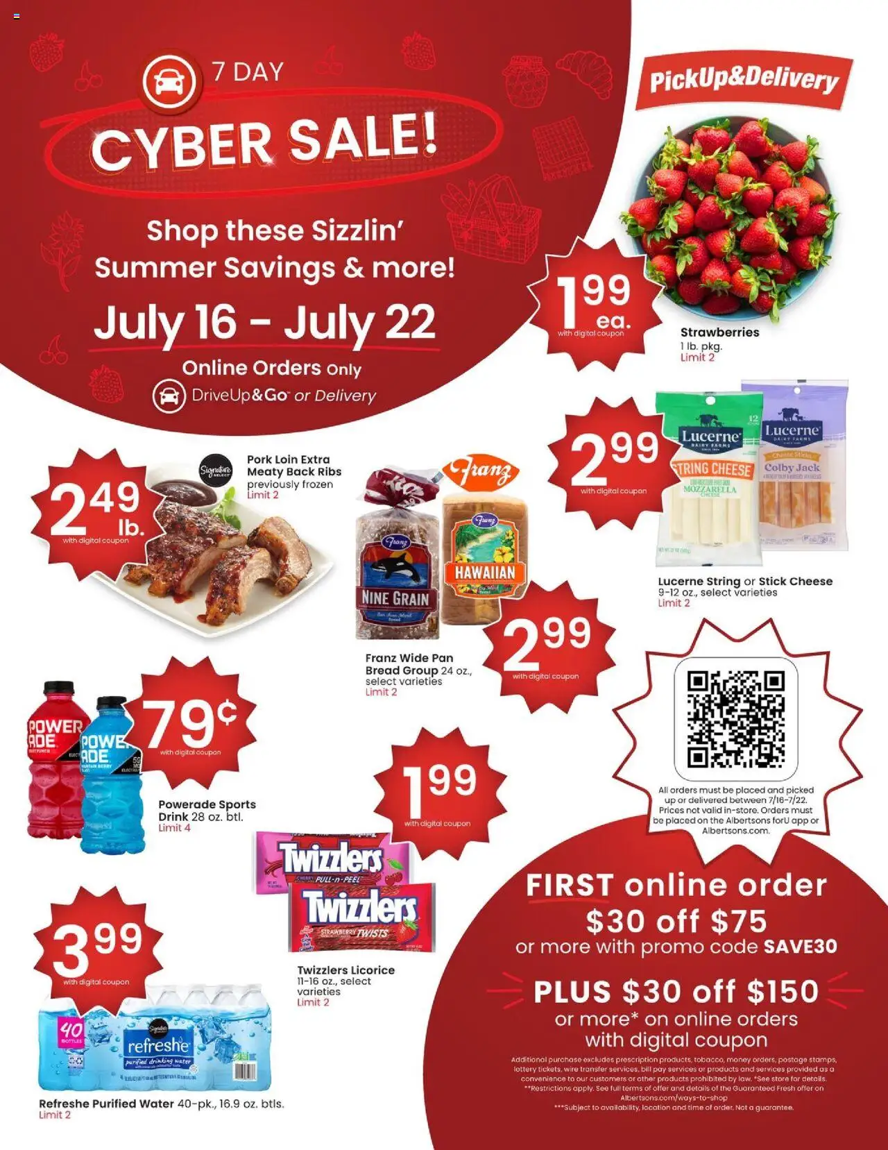 Albertsons Bonus Online Savings from 07/16/2025 - Flyer - Page number 1 - Pan, Wire, Cheese sticks, Cheese, Bread, Pork, Fruit, Mozzarella