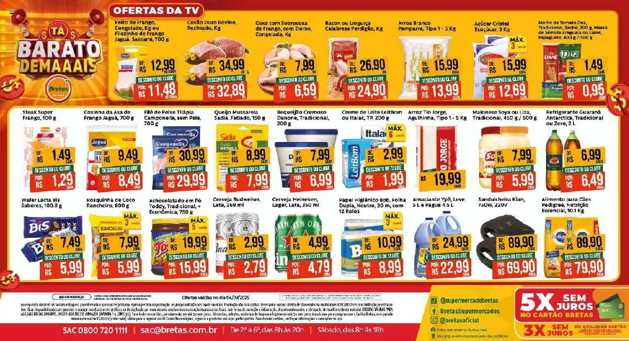 Bretas folheto "Ofertas do Dia" válido a partir de 04/09/2025 - número de página 1 - Sanduicheira, Mussarela, Açúcar, Requeijão, Amaciante, Guaraná, Rosquinha, Filé de peixe