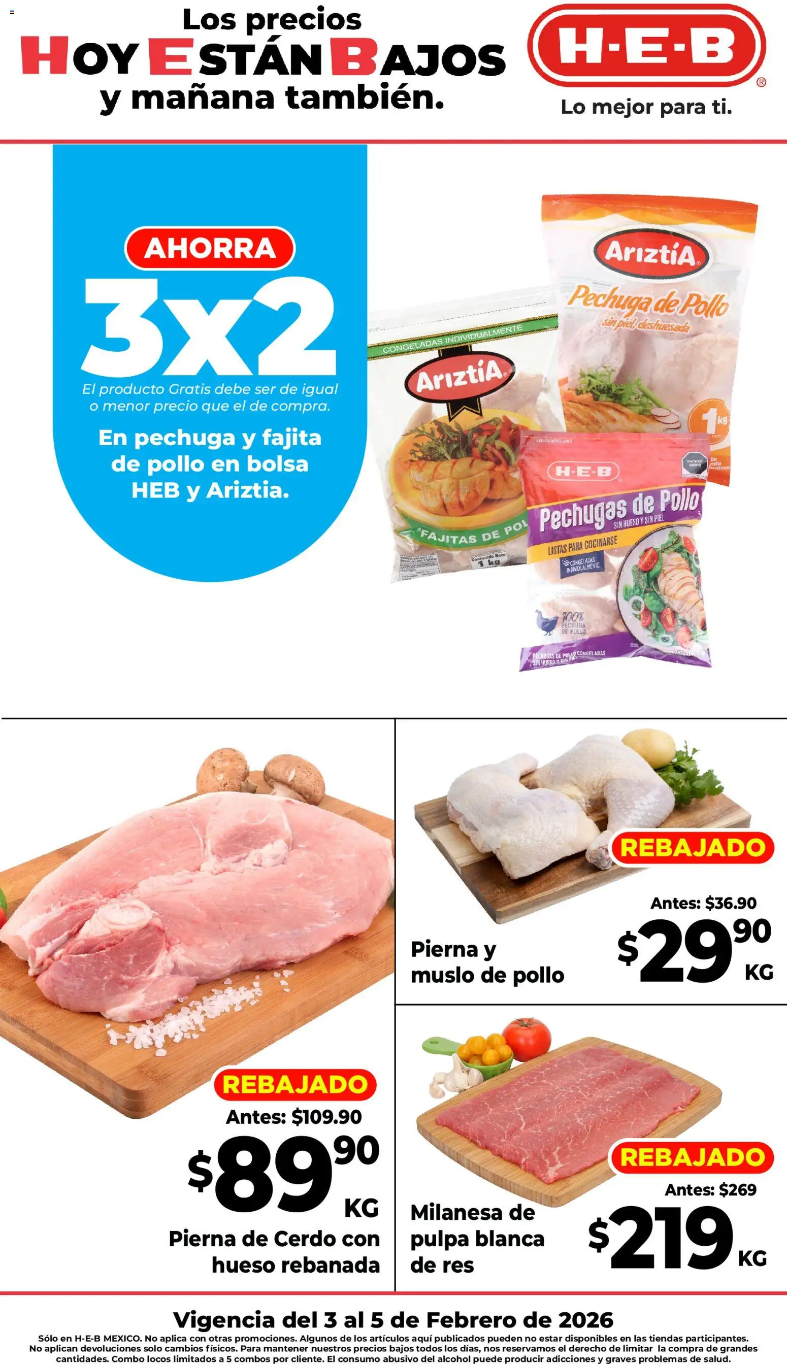 Vista previa las ofertas de la tienda H-E-B - Folleto Ofertas desde el 03/02/2026 - Pollo, Bolsa, Alcohol, Cerdo, Milanesa, Pechugas de pollo, Res, Pierna de cerdo