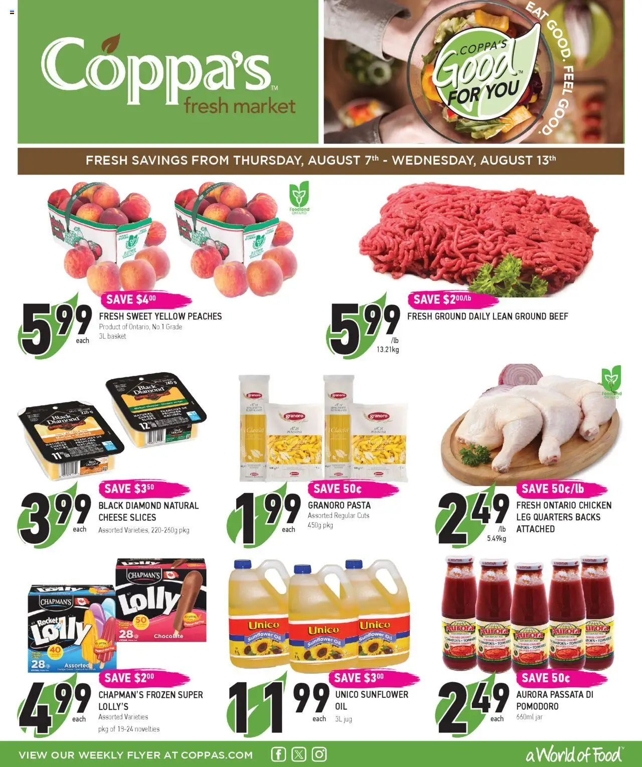 Coppas Fresh Market flyer valid from Aug 07, 2025 - page number 1 - Food, Pasta, Chocolate, Cheese, Peaches, Beef, Ground beef, Basket