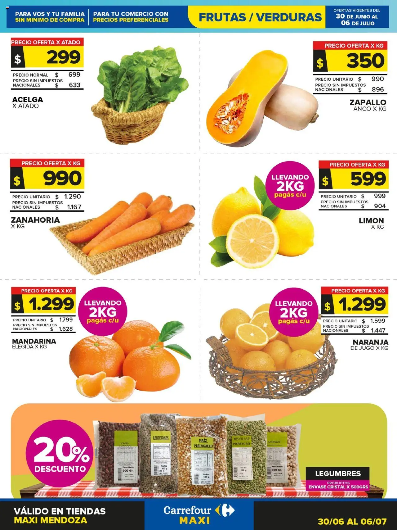 Carrefour Maxi Frutas y Verduras | Mendoza del 30/06/2025 Online - Peso, Legumbres, Arvejas, Maiz, Limón, Verduras, Jugo, Zanahoria