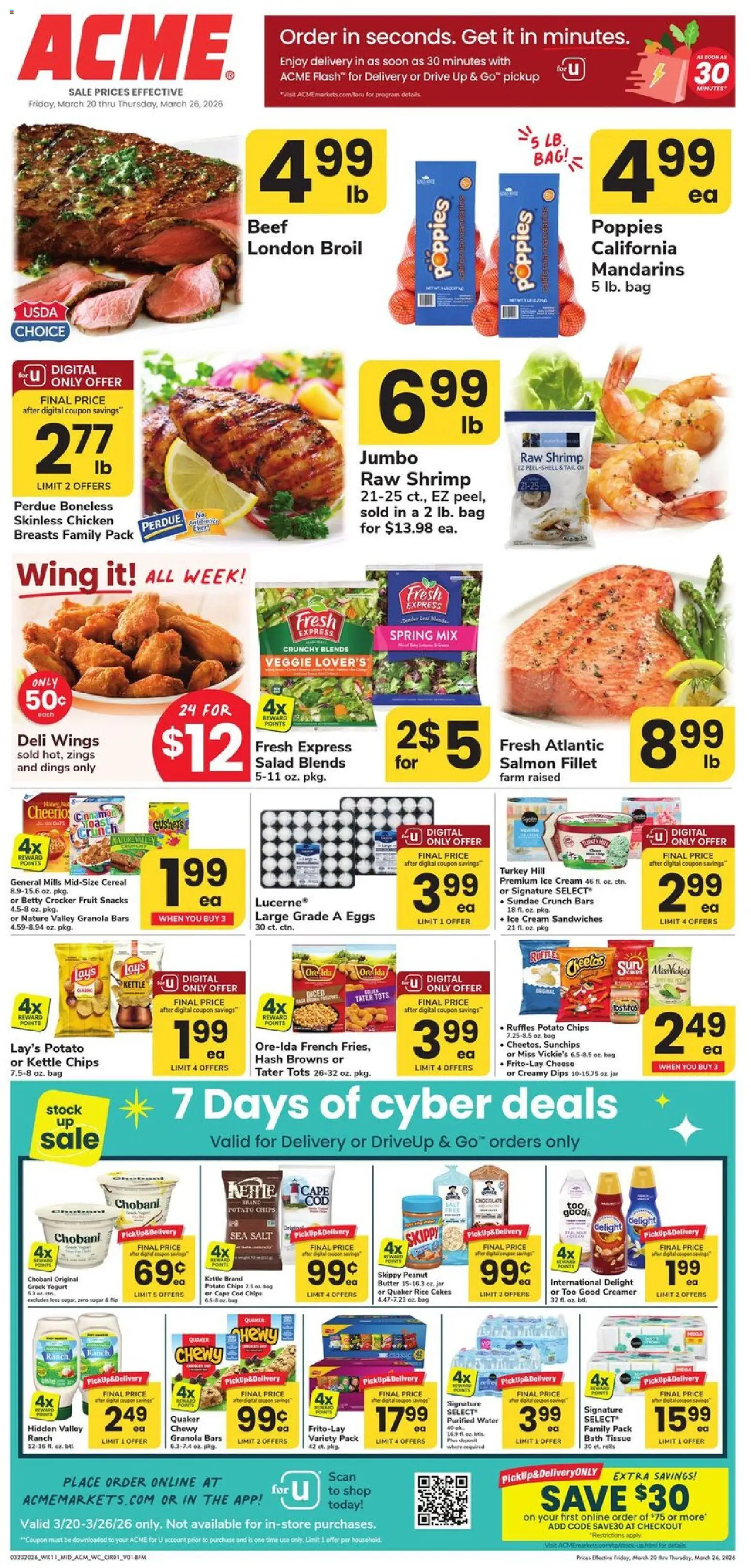 Ad Preview of Acme Acme Weekly Ad - PA from 03/20/2026 - Turkey, Chips, Salmon, Rice cakes, Bag, Potato chips, Kettle, Chicken