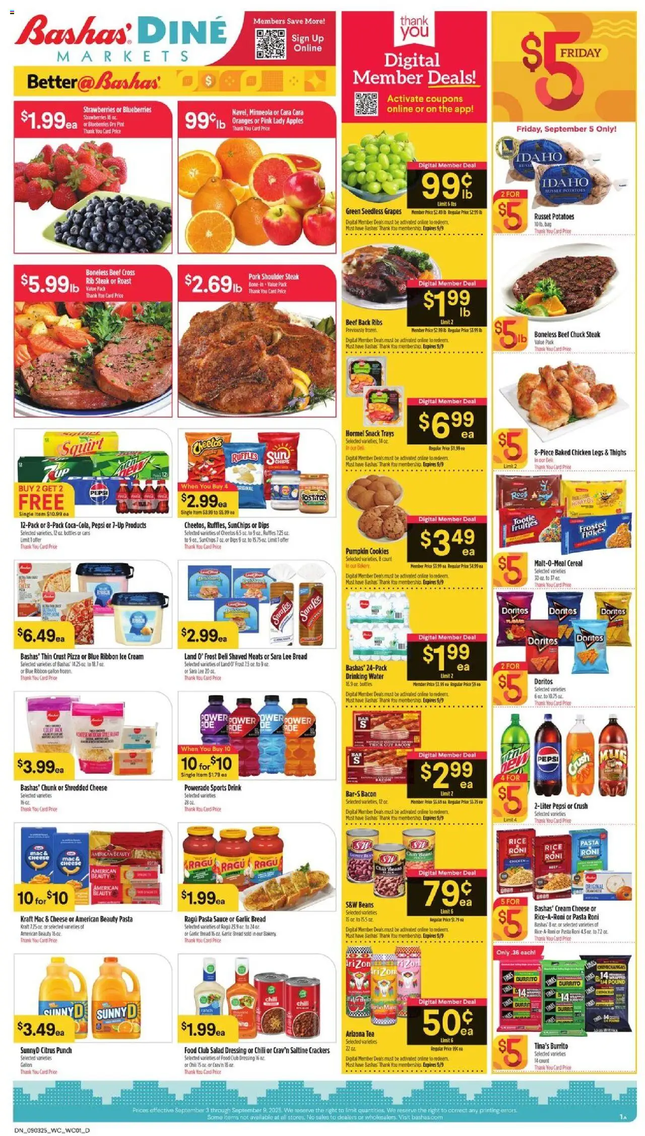 Basha's Dine from 09/03/2025 - Flyer - Page number 1 - Pizza, Pasta, Salad, Oranges, Honey, Bread, Seedless grapes, Chicken