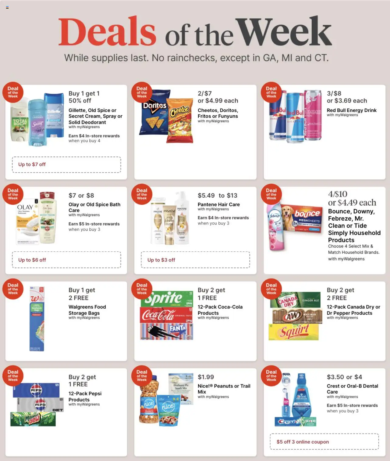 Walgreens Weekly Ad from 09/28/2025 >> Circular, Flyer - Page number 1 - Red Bull, Ginger, Pepsi, Deodorant, Pepper, Peanuts, Bath, Fanta