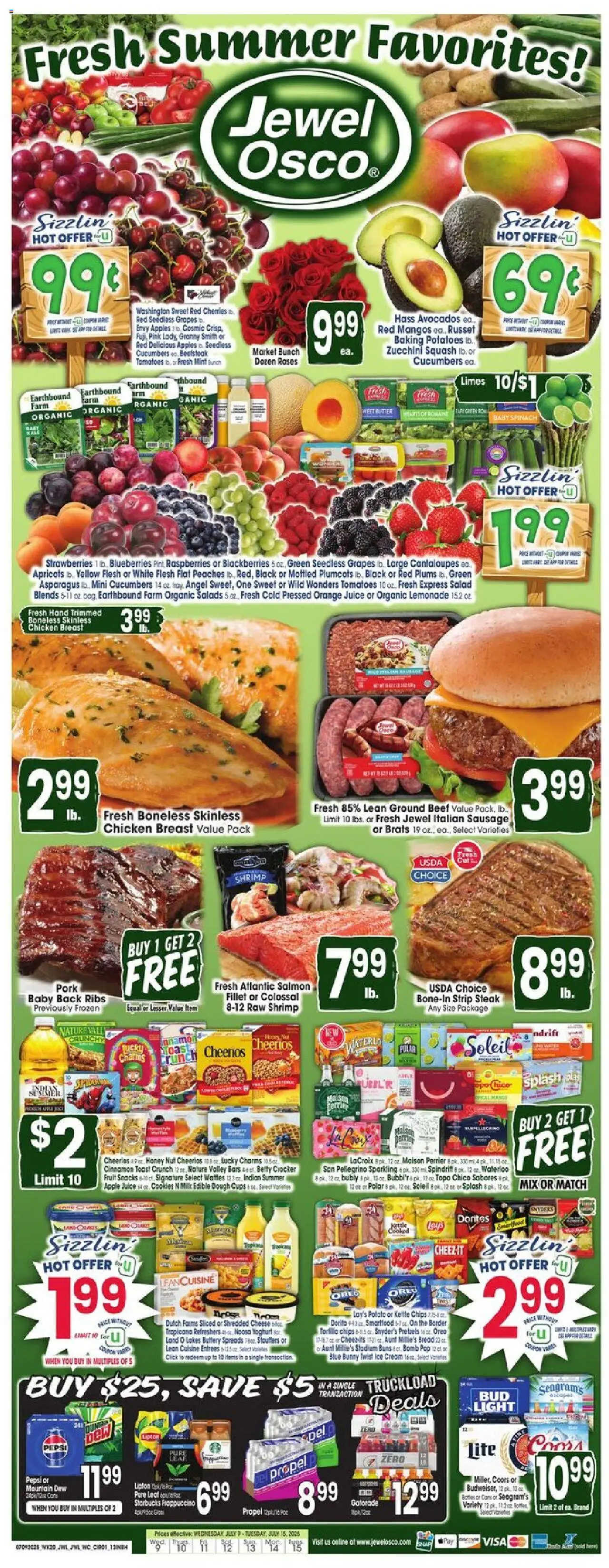 Jewel Osco Weekly Ad - IN from 07/09/2025 - Flyer - Page number 1 - Raspberries, Peaches, Cheese, Bread, Juice, Apples, Grapes, Salmon