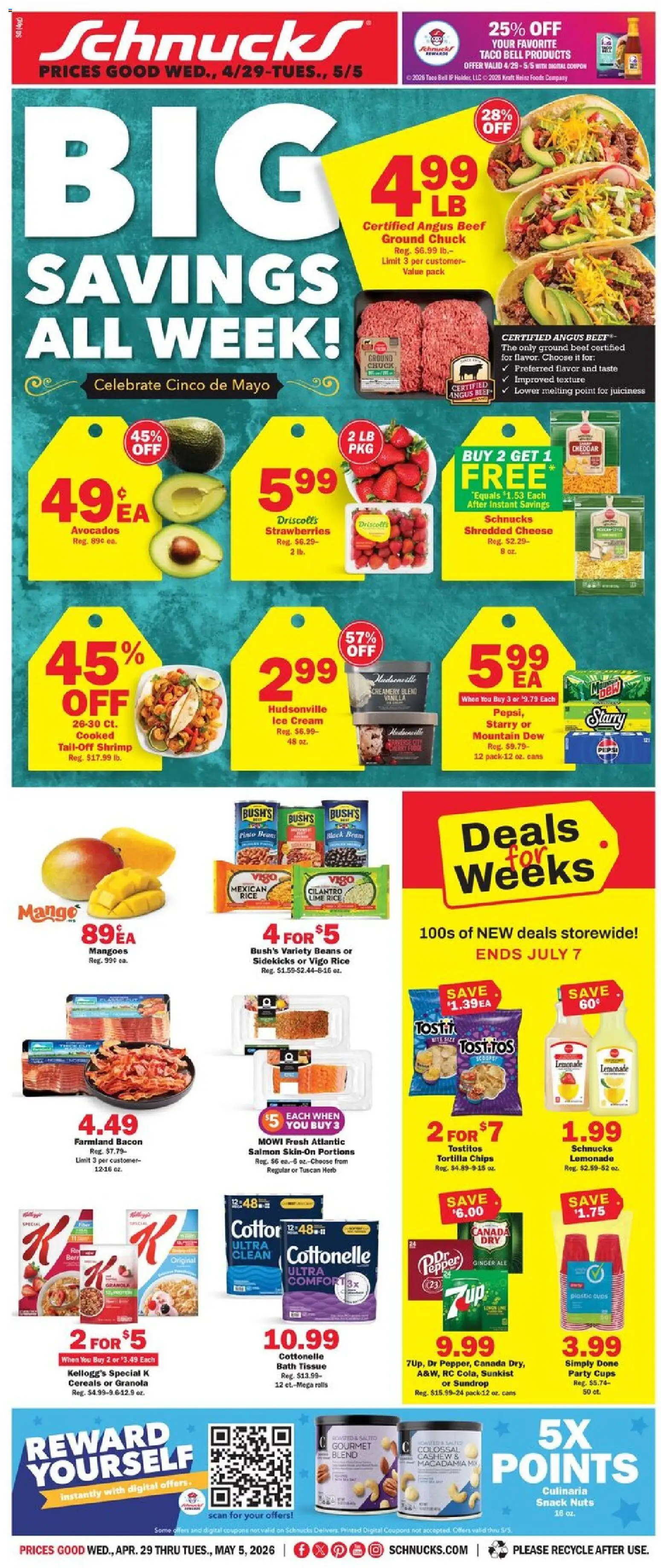 Ad Preview of Schnucks Schnucks Weekly Print Ad - MO from 04/29/2026 - Mango, Strawberries, Cheese, Pepper, Beans, Beef, Bath, Tortilla chips